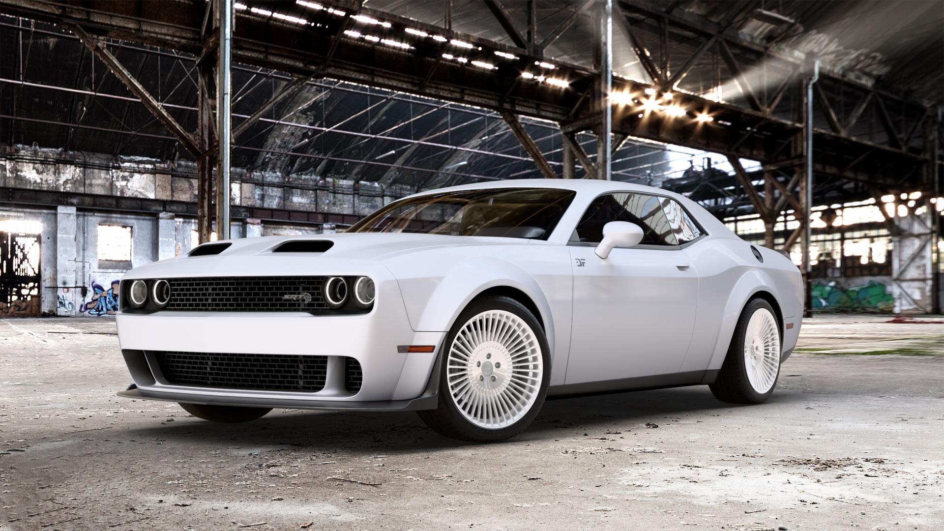 La Chanti Performance LC-P19 Machined Silver Felge mit Reifen silber in 20Zoll Alufelge auf weissem Dodge Challenger (15-) Typ LC ⬇️ mit 15mm Tieferlegung ⬇️ Old Industrial Hall_max_5300mm_2024 Frontansicht_1