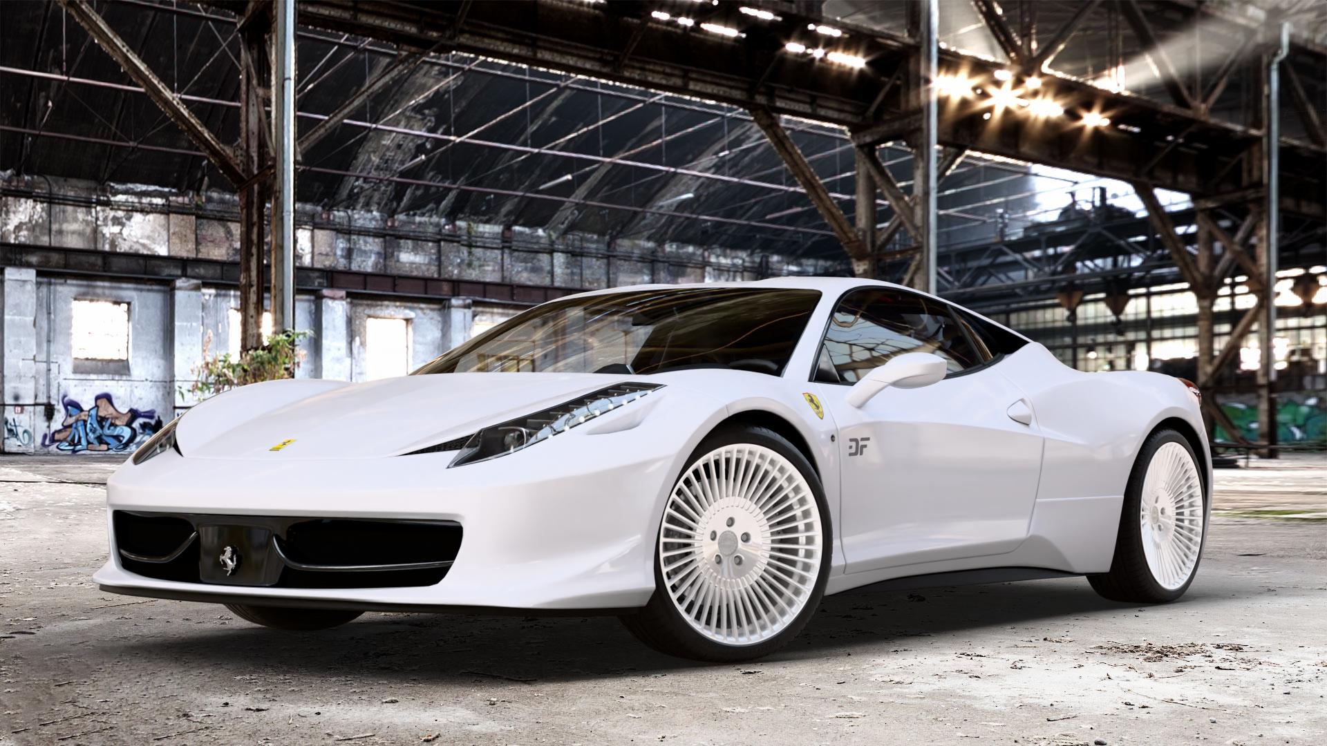 La Chanti Performance LC-P19 Machined Silver Felge mit Reifen silber in 20Zoll Alufelge auf weissem Ferrari 458 Italia ⬇️ mit 15mm Tieferlegung ⬇️ Old Industrial Hall_max_4400mm_2024 Frontansicht_1