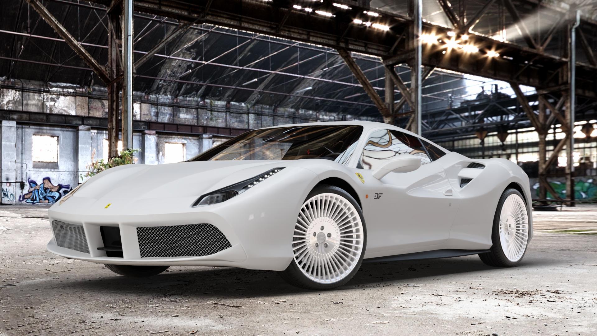 La Chanti Performance LC-P19 Machined Silver Felge mit Reifen silber in 20Zoll Alufelge auf weissem Ferrari 488 GTB ⬇️ mit 15mm Tieferlegung ⬇️ Old Industrial Hall_max_4400mm_2024 Frontansicht_1