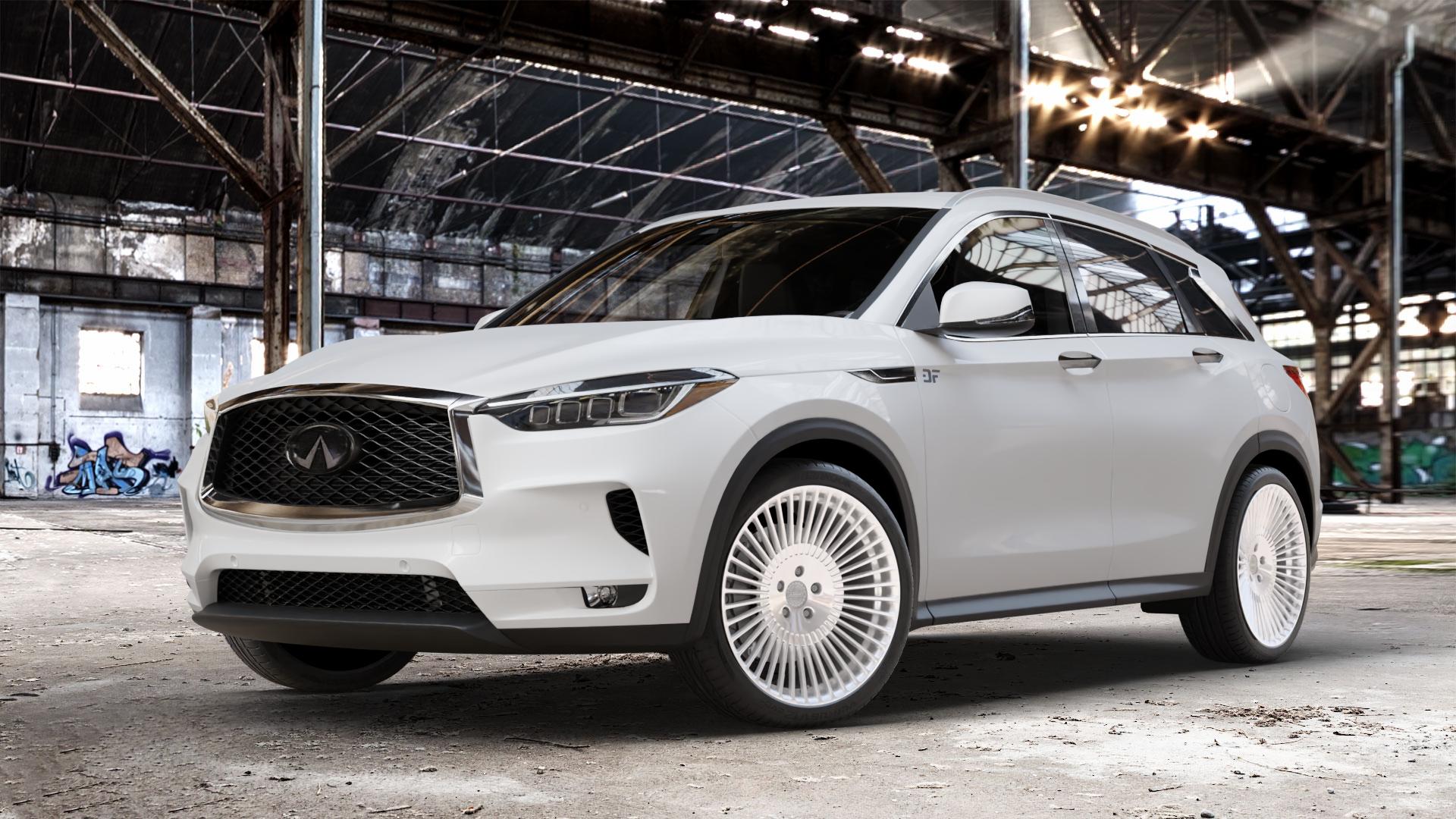 La Chanti Performance LC-P19 Machined Silver Felge mit Reifen silber in 20Zoll Alufelge auf weissem Infiniti QX50 Q ⬇️ mit 15mm Tieferlegung ⬇️ Old Industrial Hall_max_4400mm_2024 Frontansicht_1
