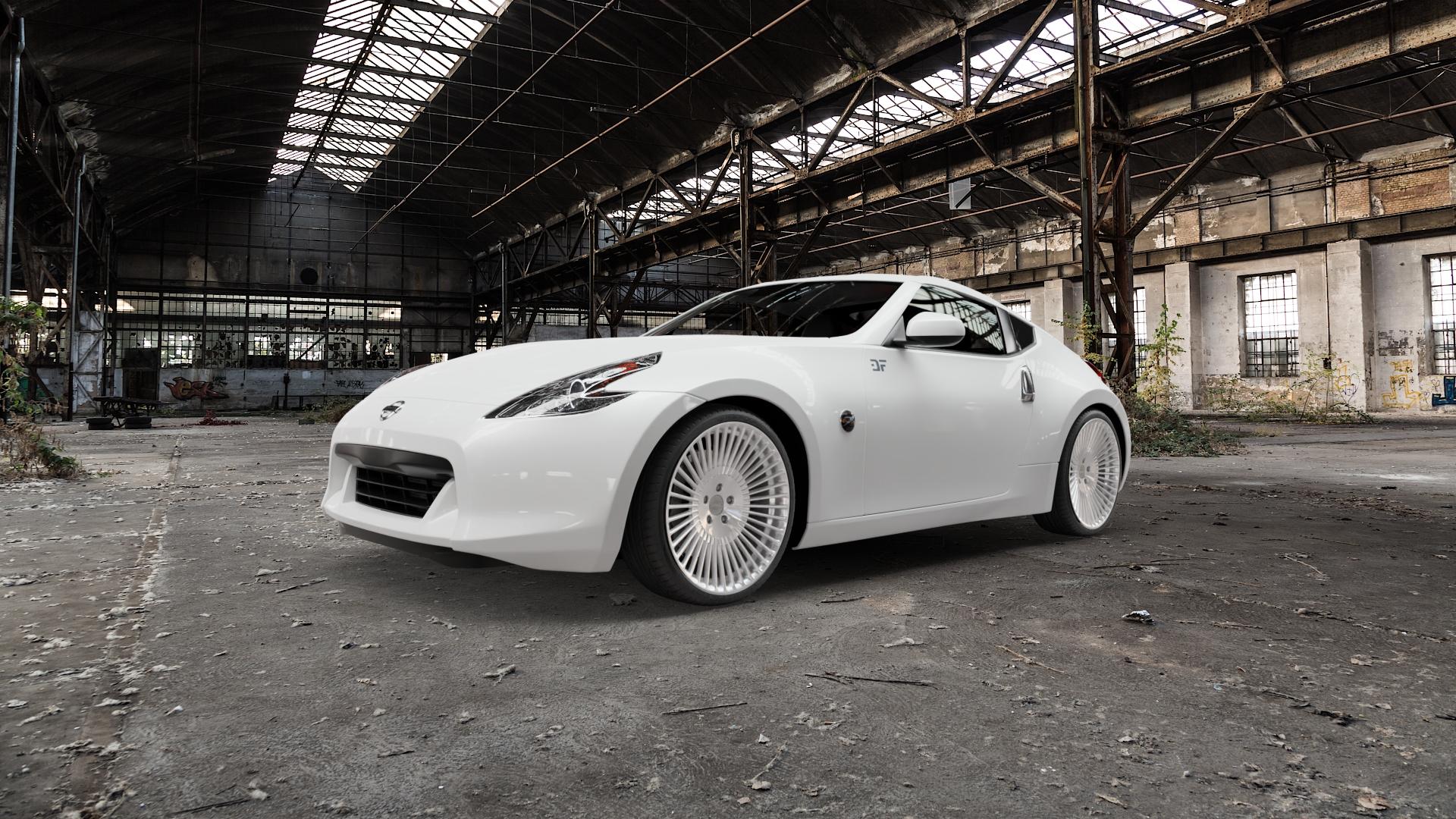 La Chanti Performance LC-P19 Machined Silver Felge mit Reifen silber in 20Zoll Alufelge auf weissem Nissan 370Z Coupe ⬇️ mit 15mm Tieferlegung ⬇️ Old Industrial Hall_max5000mm_2022 Frontansicht_1