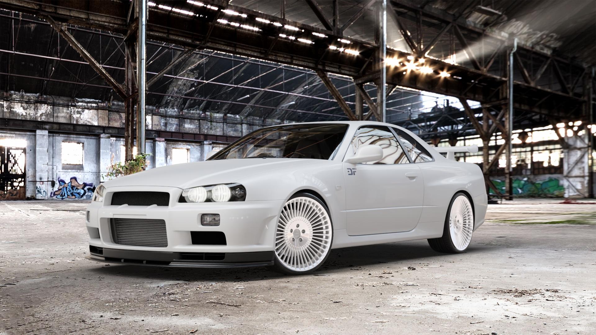 La Chanti Performance LC-P19 Machined Silver Felge mit Reifen silber in 20Zoll Alufelge auf weissem Nissan Skyline R34 ⬇️ mit 15mm Tieferlegung ⬇️ Old Industrial Hall_max_5300mm_2024 Frontansicht_1