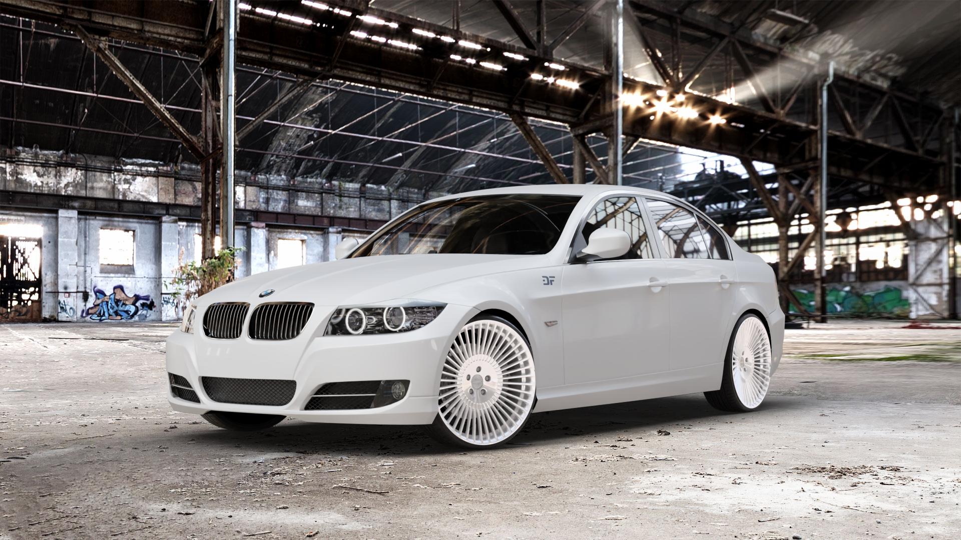 La Chanti Performance LC-P19 Machined Silver Felge mit Reifen silber in 21Zoll Alufelge auf weissem BMW 318i Typ E90 (Limousine) 320i 335i 335d 318d 320d 325i 330i 330d 316i 325xi 330xi 325d 330xd 320si M3 (M390) 320xd 316d 335xi 323i CRT 3er Limousine (390L, 3 ⬇️ mit 15mm Tieferlegung ⬇️ Old Industrial Hall_max_5300mm_2024 Frontansicht_1