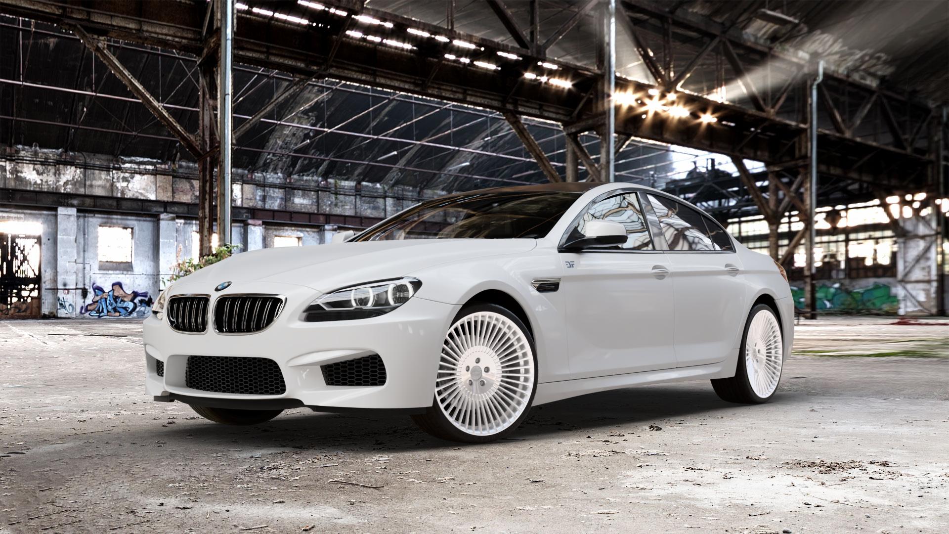 La Chanti Performance LC-P19 Machined Silver Felge mit Reifen silber in 21Zoll Alufelge auf weissem BMW M6 Gran Coupe Typ F06 4,4l 412kW (560 PS) 423kW Competition (575 441kW Edition 30 (600 ⬇️ mit 15mm Tieferlegung ⬇️ Old Industrial Hall_max_5300mm_2024 Frontansicht_1