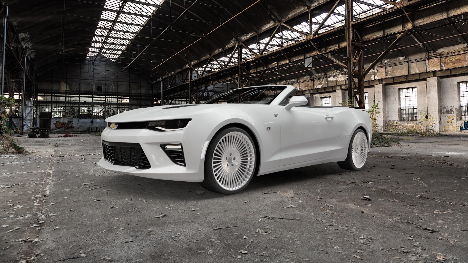 La Chanti Performance LC-P19 Machined Silver Felge mit Reifen silber in 21Zoll Alufelge auf weissem Chevrolet Camaro VI Cabrio Typ A1XC ⬇️ mit 15mm Tieferlegung ⬇️ Old Industrial Hall_max5000mm_2022 Frontansicht_1
