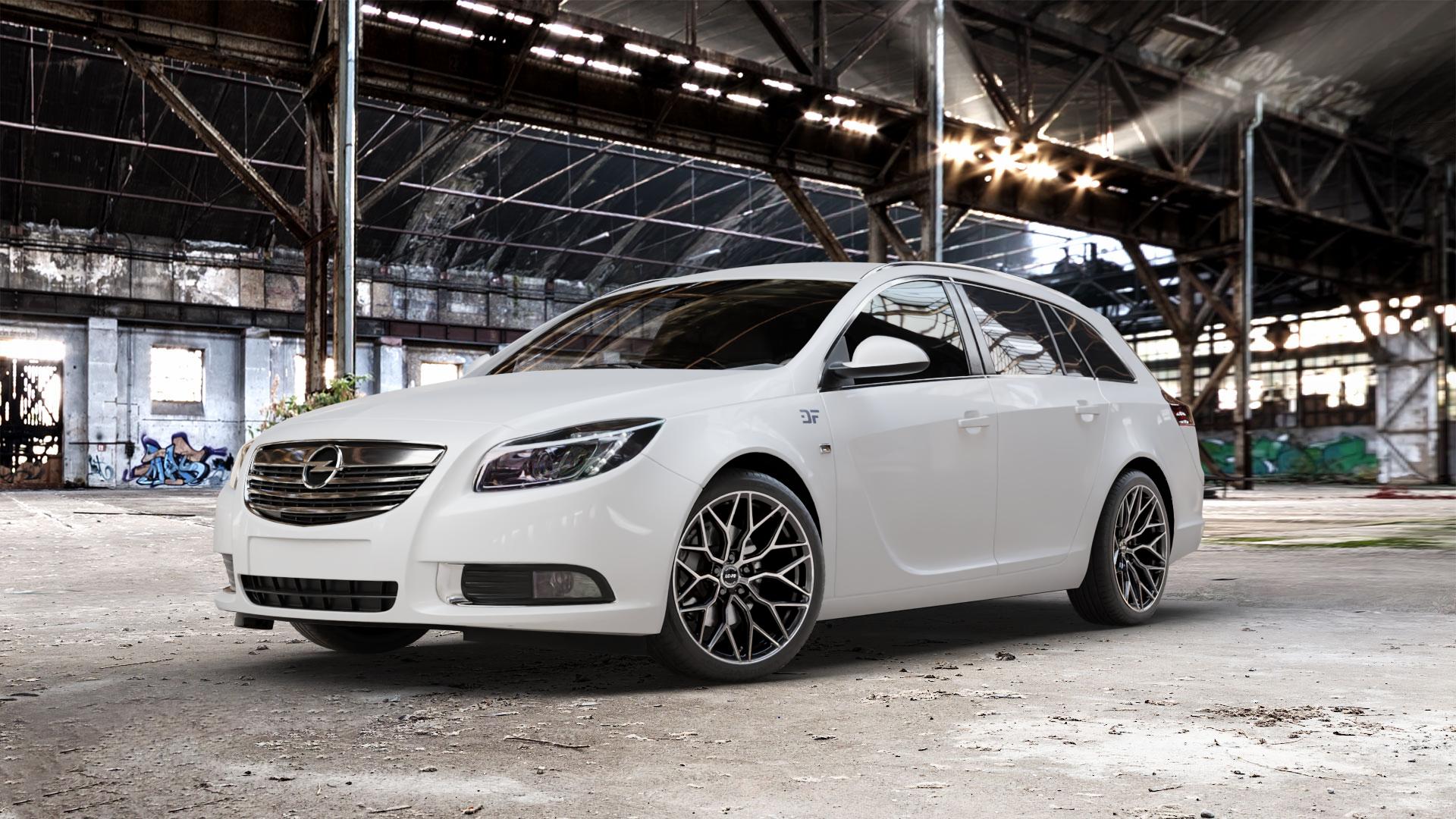 La Chanti Performance LC-P2 Black Machined Felge mit Reifen schwarz in 19Zoll Winterfelge Alufelge auf weissem Opel Insignia I Sports Tourer Facelift ⬇️ mit 15mm Tieferlegung ⬇️ Old Industrial Hall_max_5300mm_2024 Frontansicht_1