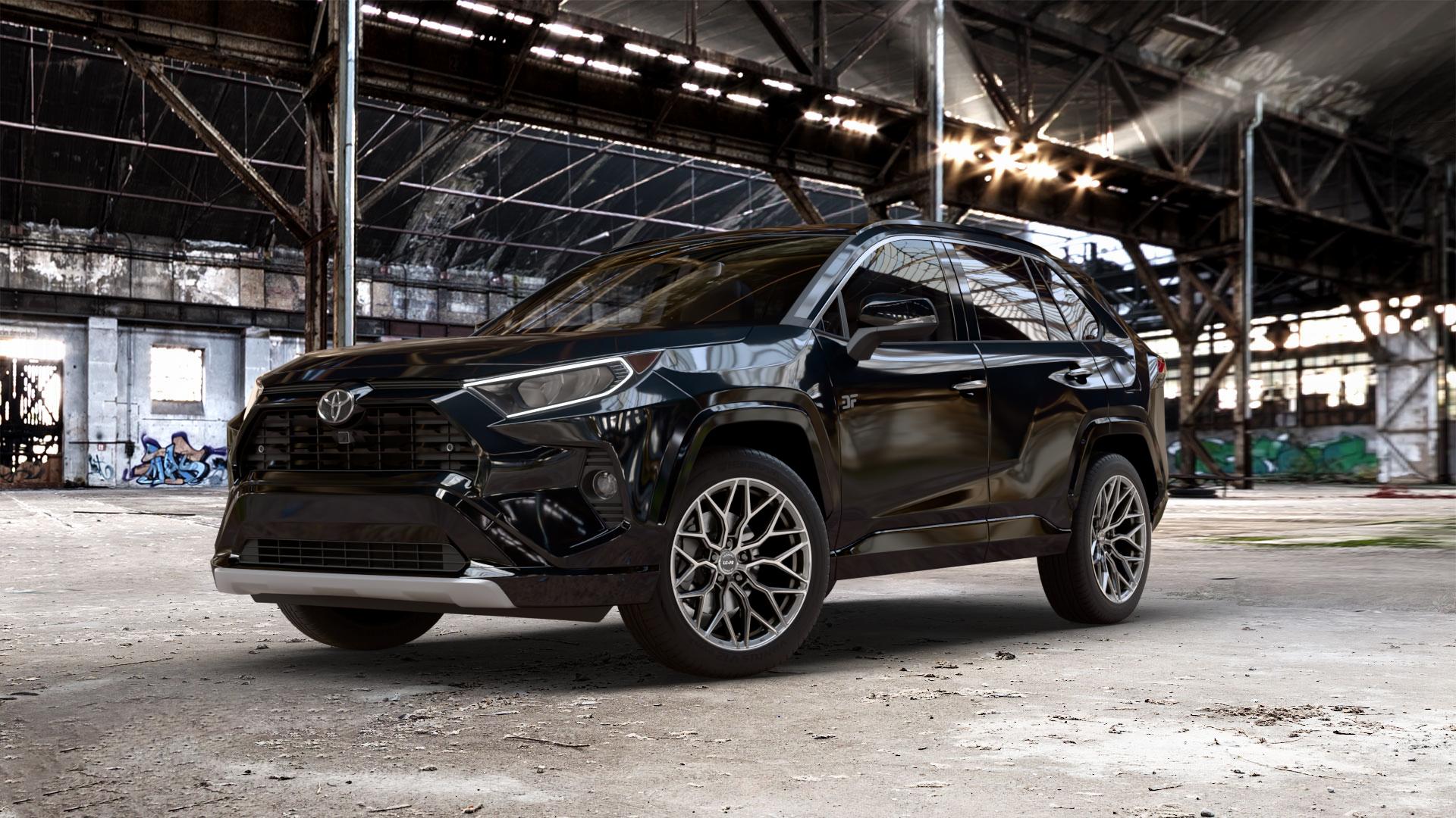 La Chanti Performance LC-P2 Gloss Graphite Machined Face Felge mit Reifen grau in 19Zoll Winterfelge Alufelge auf metallic schwarzem Toyota RAV 4 V Typ XA5(EU,M) Rav ⬇️ mit 15mm Tieferlegung ⬇️ Old Industrial Hall_max_5300mm_2024 Frontansicht_1
