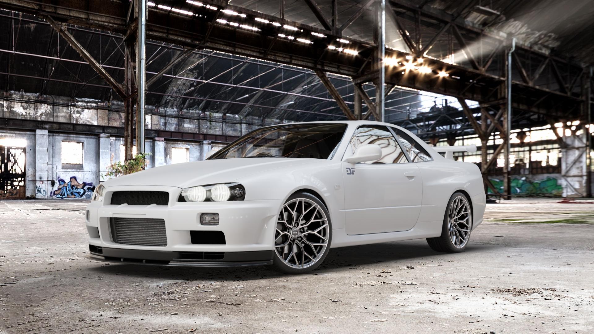 La Chanti Performance LC-P2 Gloss Graphite Machined Face Felge mit Reifen grau in 19Zoll Winterfelge Alufelge auf weissem Nissan Skyline R34 ⬇️ mit 15mm Tieferlegung ⬇️ Old Industrial Hall_max_5300mm_2024 Frontansicht_1