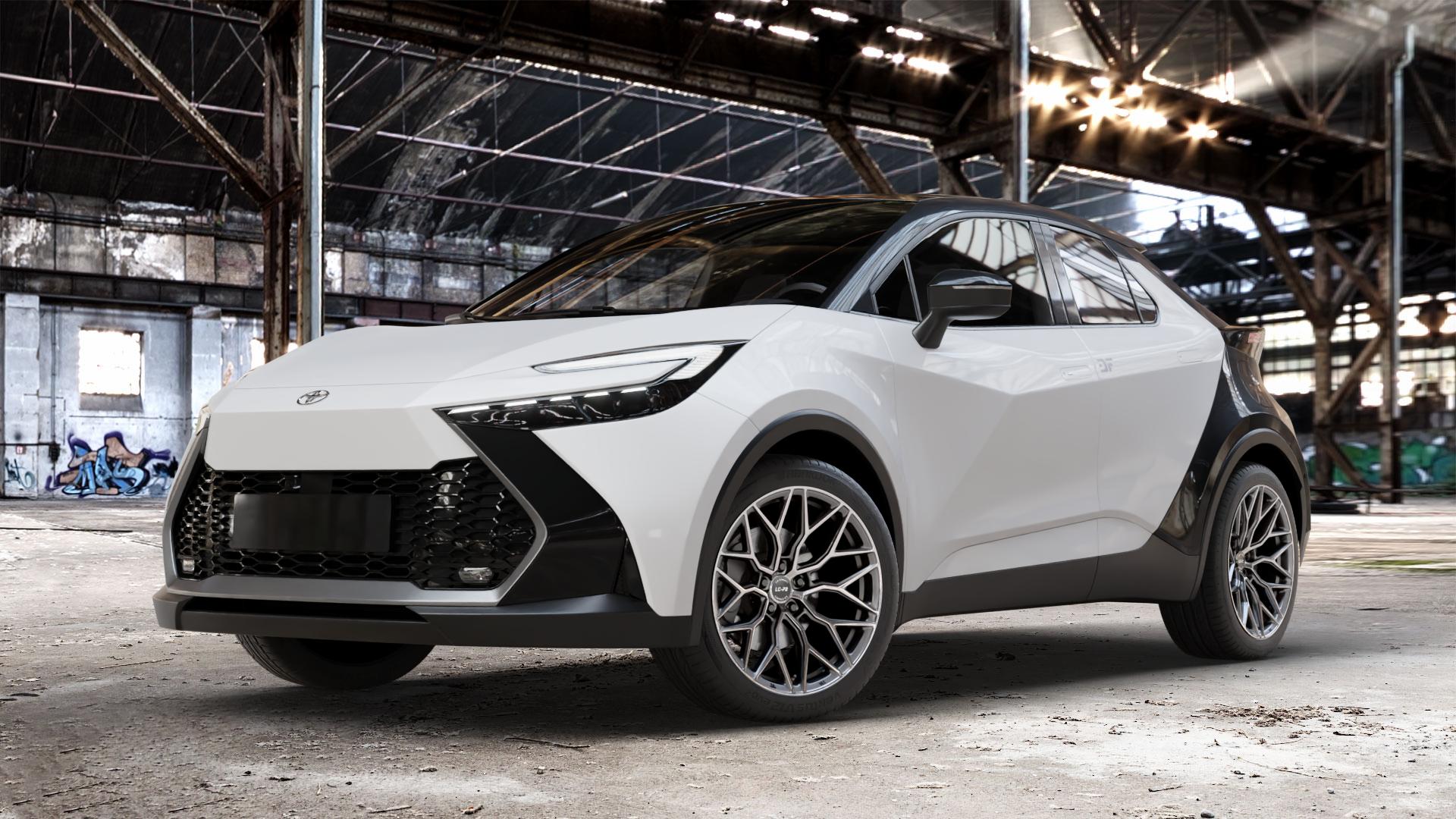 La Chanti Performance LC-P2 Gloss Graphite Machined Face Felge mit Reifen grau in 19Zoll Winterfelge Alufelge auf weissem Toyota C-HR Typ AX2T(M) AX2T(M)-TGRE ⬇️ mit 15mm Tieferlegung ⬇️ Old Industrial Hall_max_4400mm_2024 Frontansicht_1