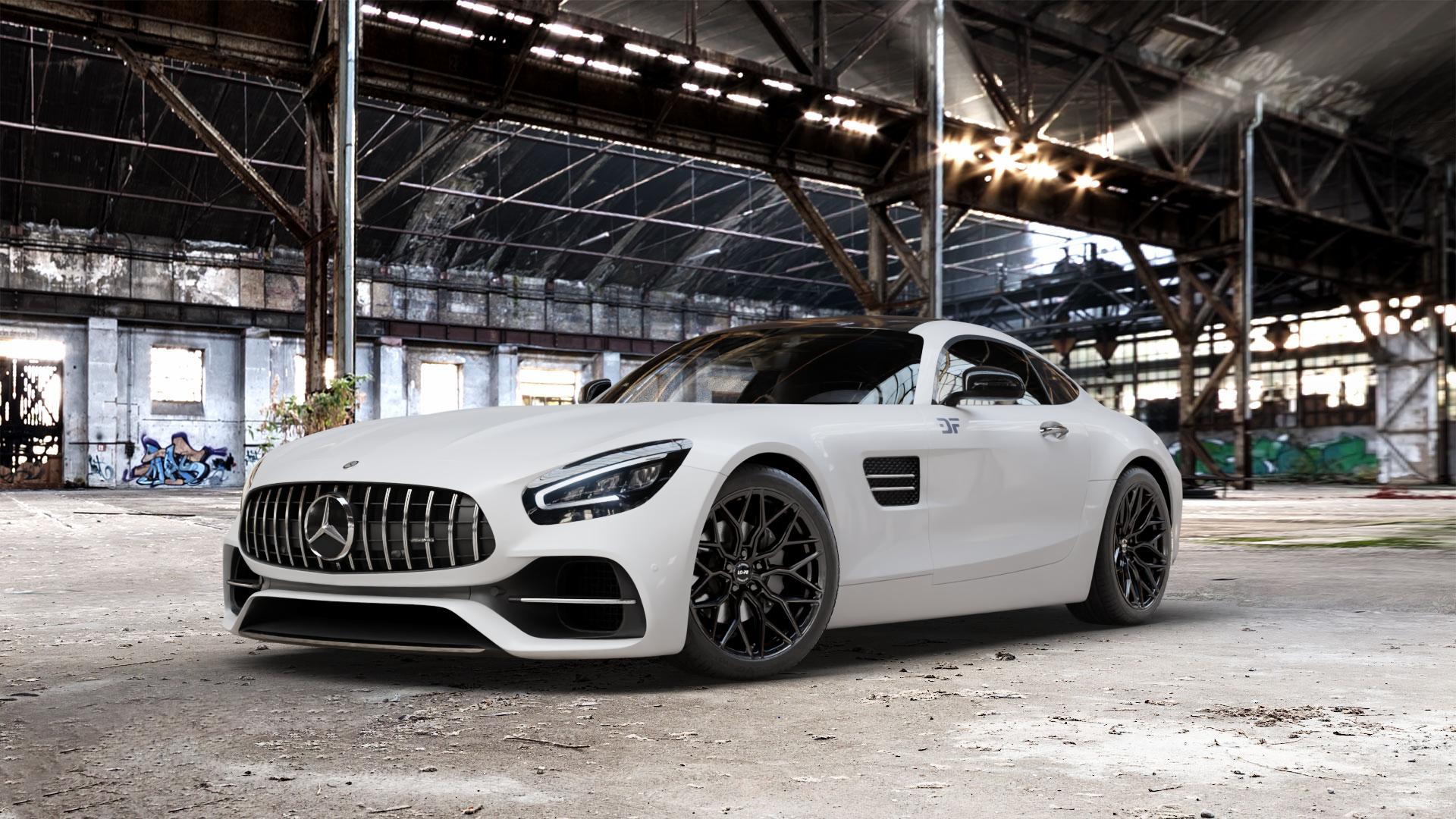 La Chanti Performance LC-P2 Glossy Black Felge mit Reifen schwarz in 19Zoll Winterfelge Alufelge auf weissem Mercedes AMG GT Typ 197 ⬇️ mit 15mm Tieferlegung ⬇️ Old Industrial Hall_max_5300mm_2024 Frontansicht_1