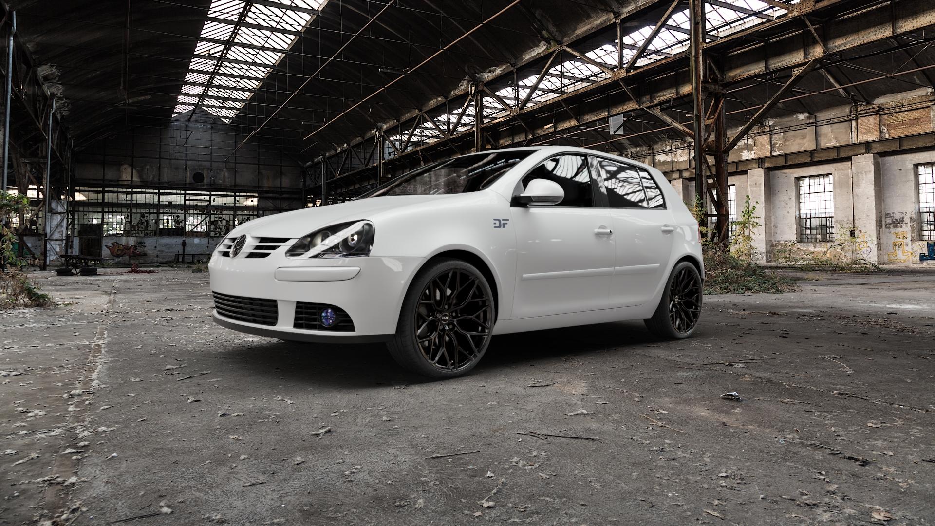 La Chanti Performance LC-P2 Glossy Black Felge mit Reifen schwarz in 19Zoll Winterfelge Alufelge auf weissem Volkswagen (VW) Golf 5 Plus ⬇️ mit 15mm Tieferlegung ⬇️ Old Industrial Hall_max5000mm_2022 Frontansicht_1