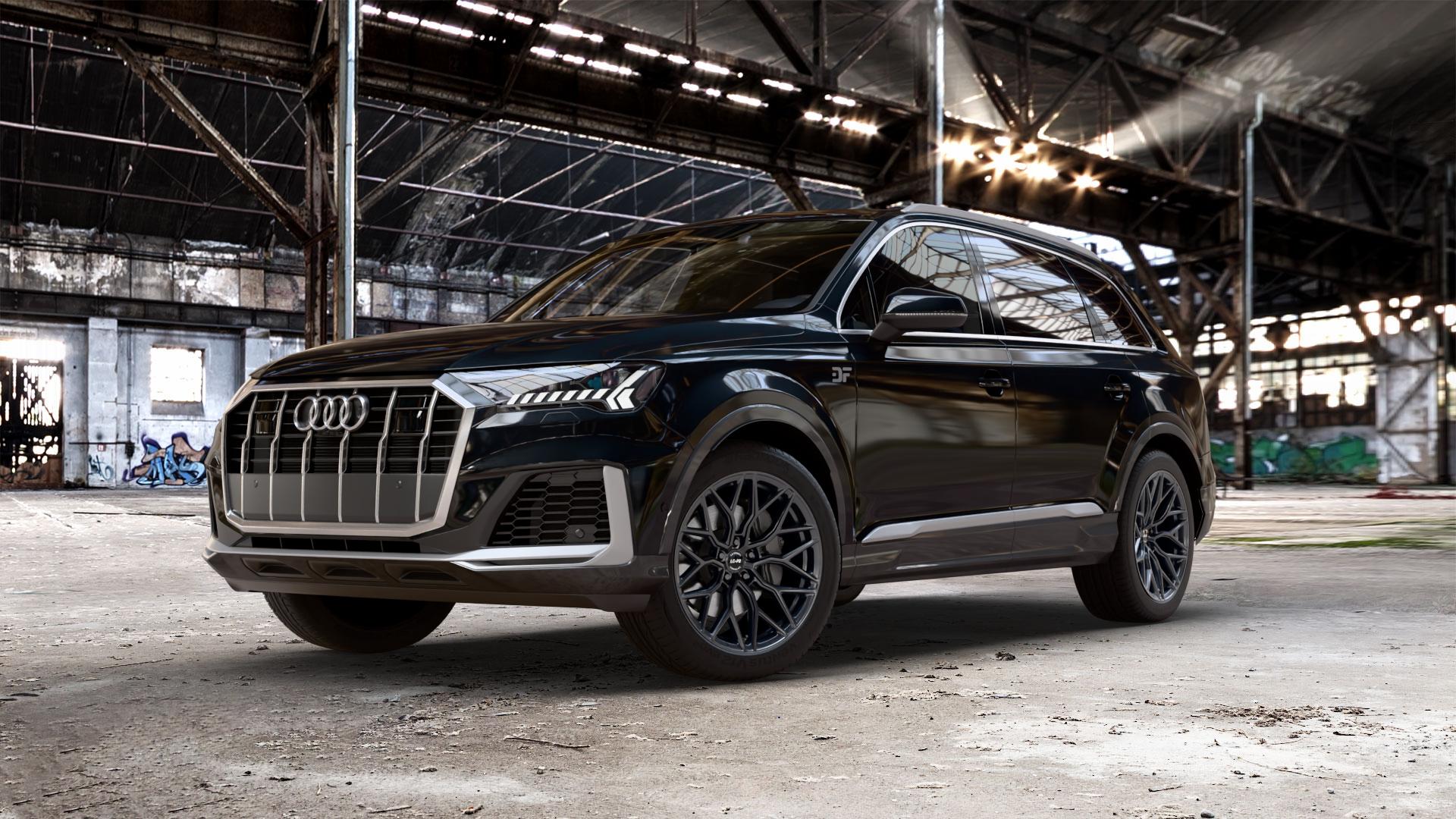 La Chanti Performance LC-P2 Glossy Black Felge mit Reifen schwarz in 20Zoll Winterfelge Alufelge auf metallic schwarzem Audi Q7 II Typ 4M (4L) Facelift 19-> ⬇️ mit 15mm Tieferlegung ⬇️ Old Industrial Hall_max_5300mm_2024 Frontansicht_1