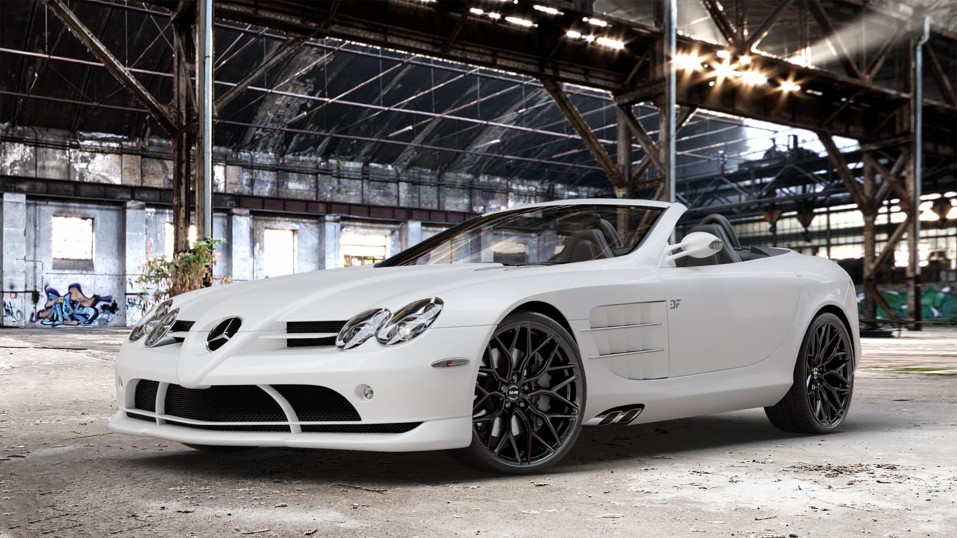 La Chanti Performance LC-P2 Glossy Black Felge mit Reifen schwarz in 20Zoll Winterfelge Alufelge auf weissem Mercedes SLR Typ R199 Roadster ⬇️ mit 15mm Tieferlegung ⬇️ Old Industrial Hall_max_4400mm_2024 Frontansicht_1