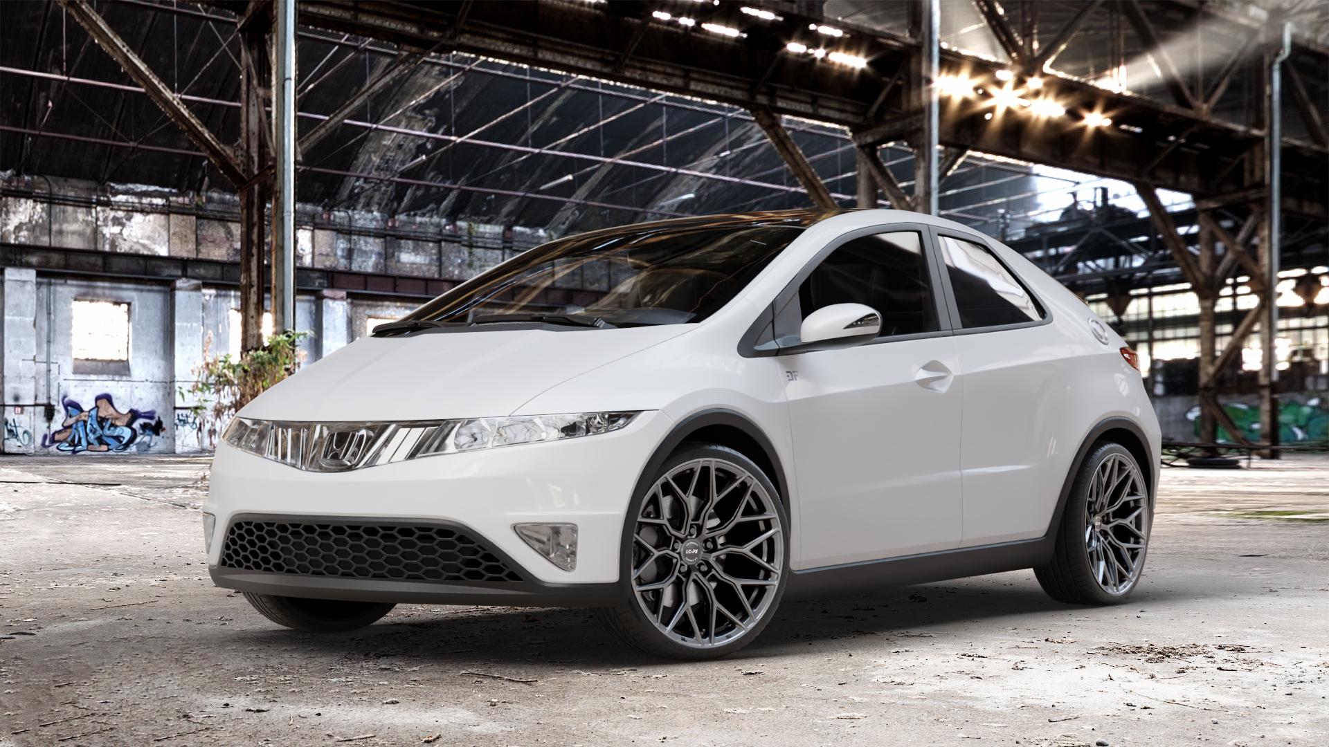 La Chanti Performance LC-P2 Glossy Graphite Felge mit Reifen grau in 19Zoll Winterfelge Alufelge auf weissem Honda Civic 8 Dreitürer (FN) ⬇️ mit 15mm Tieferlegung ⬇️ Old Industrial Hall_max_4400mm_2024 Frontansicht_1