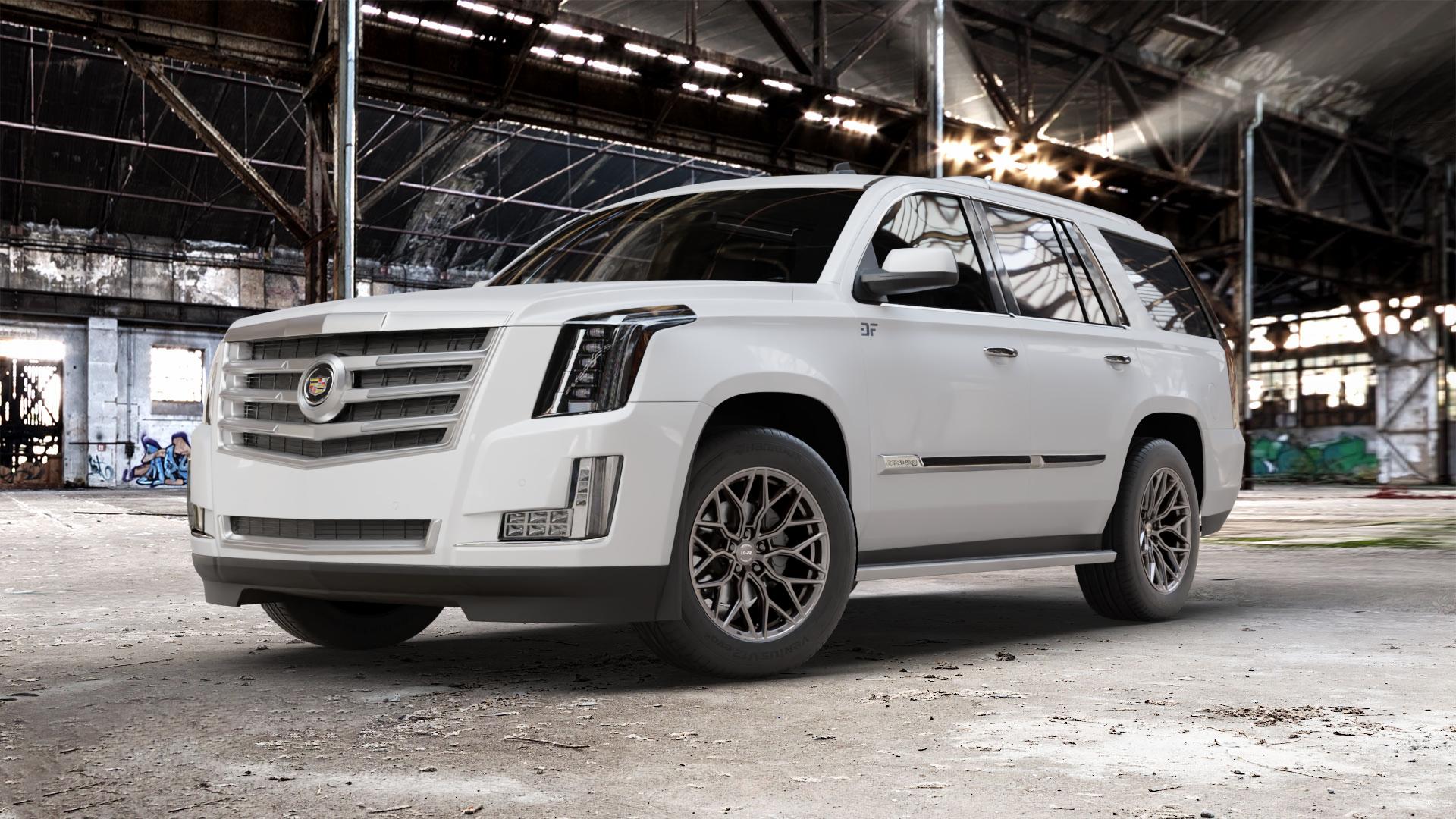 La Chanti Performance LC-P2 Machined Silver Felge mit Reifen silber in 19Zoll Winterfelge Alufelge auf weissem Cadillac Escalade Typ GMT K2XX ⬇️ mit 15mm Tieferlegung ⬇️ Old Industrial Hall_max_5300mm_2024 Frontansicht_1