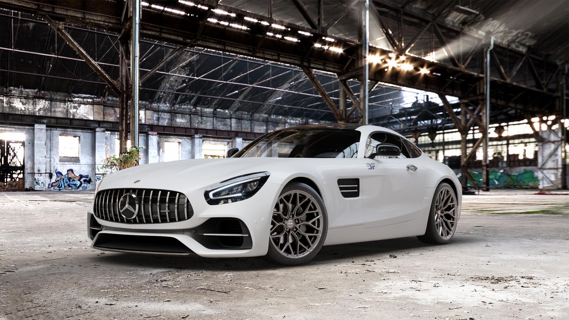 La Chanti Performance LC-P2 Machined Silver Felge mit Reifen silber in 19Zoll Winterfelge Alufelge auf weissem Mercedes AMG GT Typ 197 ⬇️ mit 15mm Tieferlegung ⬇️ Old Industrial Hall_max_5300mm_2024 Frontansicht_1