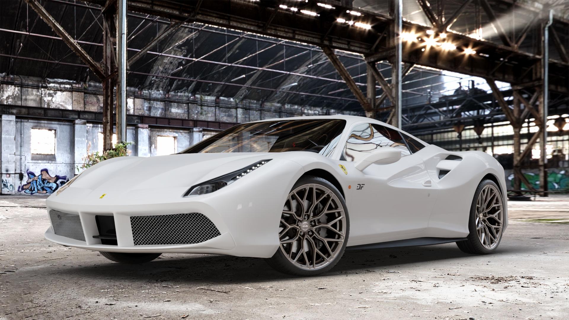 La Chanti Performance LC-P2 Machined Silver Felge mit Reifen silber in 20Zoll Winterfelge Alufelge auf weissem Ferrari 488 GTB ⬇️ mit 15mm Tieferlegung ⬇️ Old Industrial Hall_max_4400mm_2024 Frontansicht_1