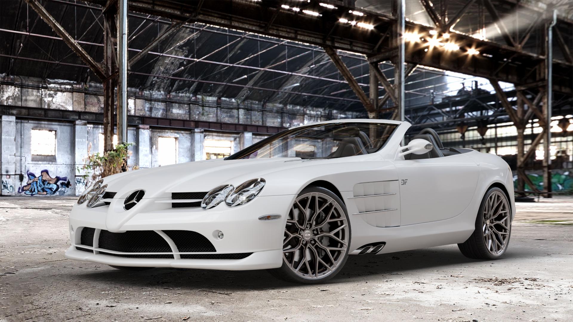 La Chanti Performance LC-P2 Machined Silver Felge mit Reifen silber in 20Zoll Winterfelge Alufelge auf weissem Mercedes SLR Typ R199 Roadster ⬇️ mit 15mm Tieferlegung ⬇️ Old Industrial Hall_max_4400mm_2024 Frontansicht_1