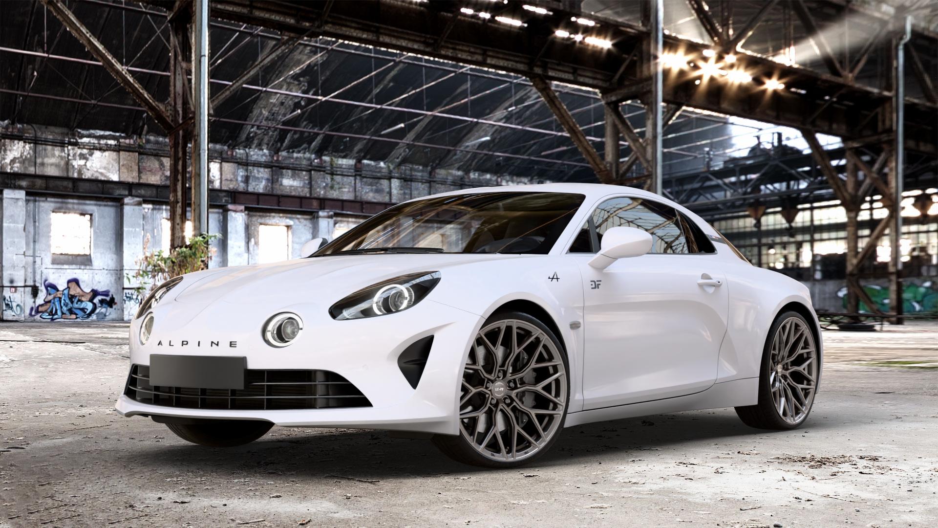 La Chanti Performance LC-P2 Machined Silver Felge mit Reifen silber in 20Zoll Winterfelge Alufelge auf weissem Renault Alpine A110 Typ AEF ⬇️ mit 15mm Tieferlegung ⬇️ Old Industrial Hall_max_4400mm_2024 Frontansicht_1