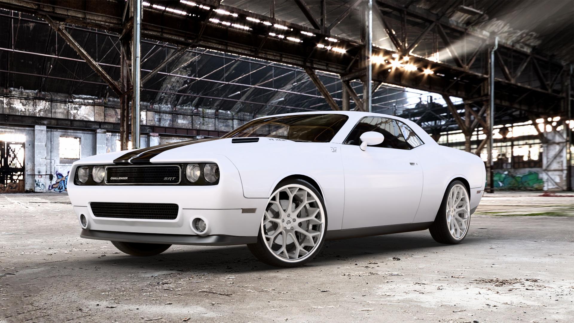La Chanti Performance LC-P20 Brushed Silver / Chrome Lip Felge mit Reifen silber in 22Zoll Alufelge auf weissem Dodge Challenger (08-) Typ LC ⬇️ mit 15mm Tieferlegung ⬇️ Old Industrial Hall_max_5300mm_2024 Frontansicht_1