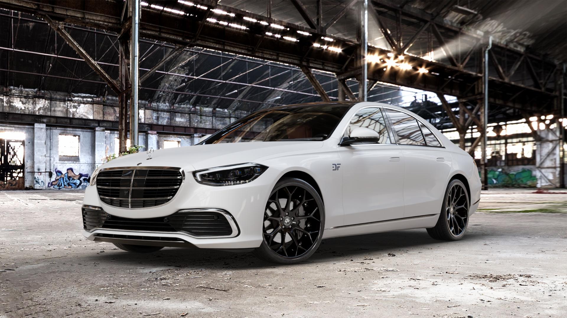 La Chanti Performance LC-P20 Glossy Black Felge mit Reifen schwarz in 22Zoll Winterfelge Alufelge auf weissem Mercedes S-Klasse Typ W223 (R2S) ⬇️ mit 15mm Tieferlegung ⬇️ Old Industrial Hall_max_5300mm_2024 Frontansicht_1