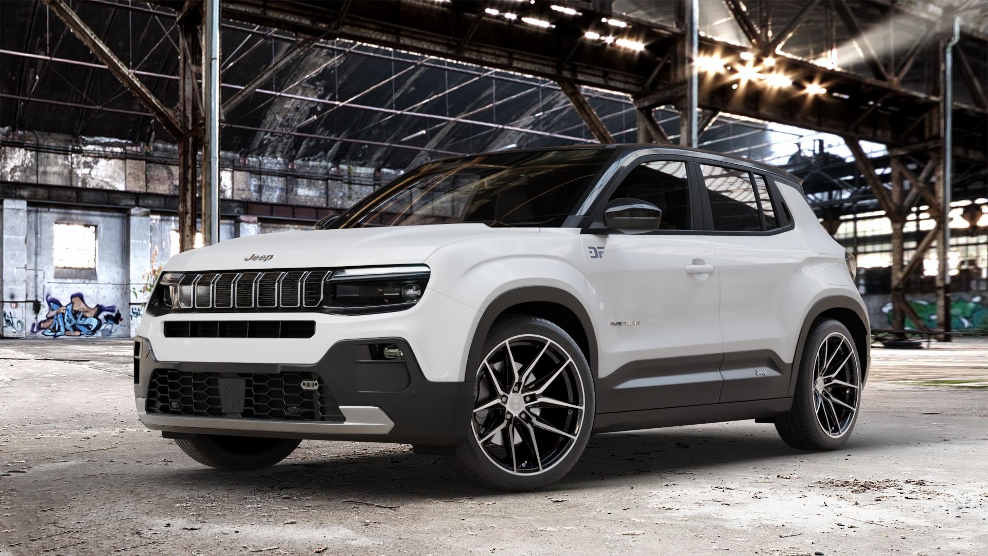 La Chanti Performance LC-P3 Black Machined Felge mit Reifen schwarz in 19Zoll Winterfelge Alufelge auf weissem Jeep Avenger Typ FH1 ⬇️ mit 15mm Tieferlegung ⬇️ Old Industrial Hall_max_4400mm_2024 Frontansicht_1