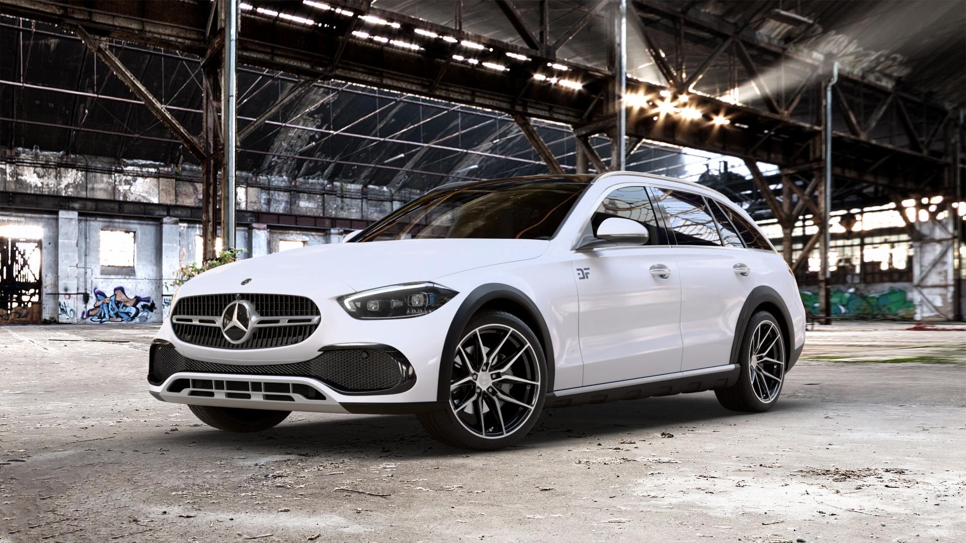 La Chanti Performance LC-P3 Black Machined Felge mit Reifen schwarz in 19Zoll Winterfelge Alufelge auf weissem Mercedes C-Klasse Typ S206 All-Terrain 1,5l C 200 4Matic 150kW Mild-Hybrid (204 PS) 2,0l 220d 145kW (197 ⬇️ mit 15mm Tieferlegung ⬇️ Old Industrial Hall_max_5300mm_2024 Frontansicht_1