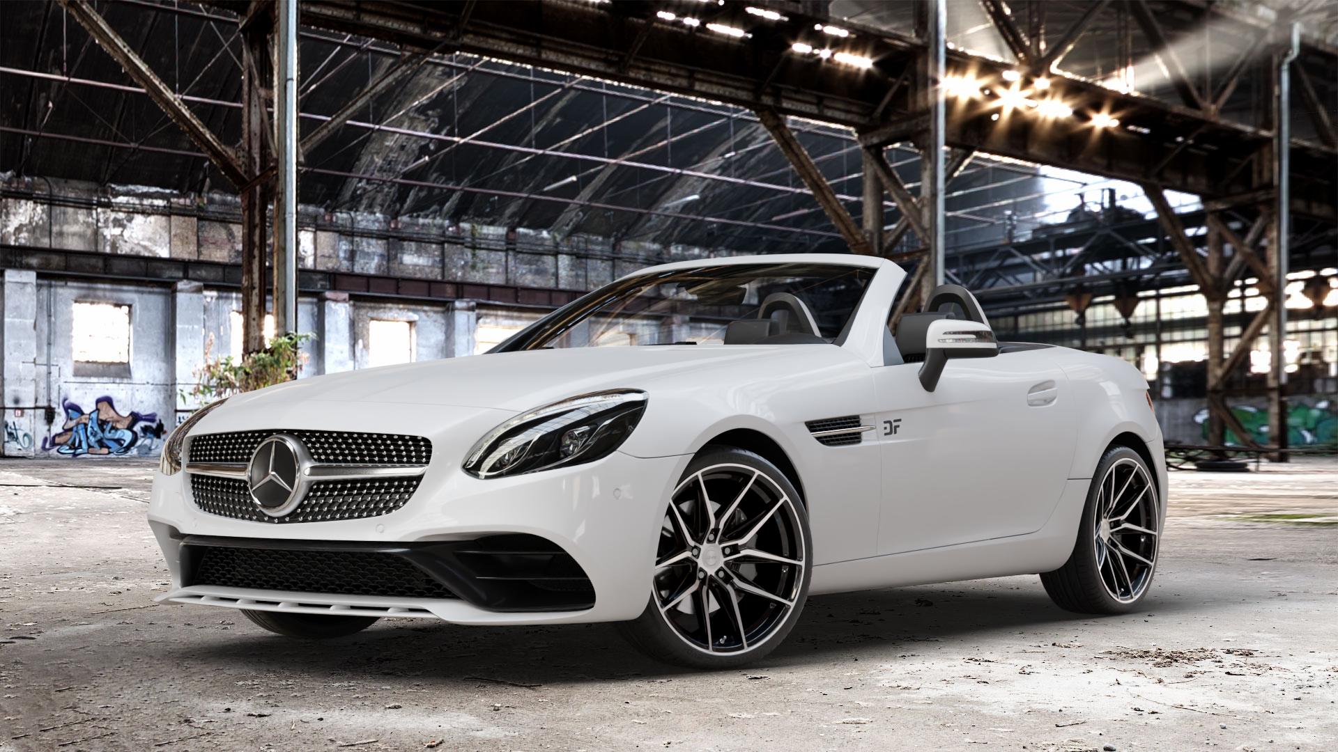 La Chanti Performance LC-P3 Black Machined Felge mit Reifen schwarz in 19Zoll Winterfelge Alufelge auf weissem Mercedes SLK Typ R172 ⬇️ mit 15mm Tieferlegung ⬇️ Old Industrial Hall_max_4400mm_2024 Frontansicht_1