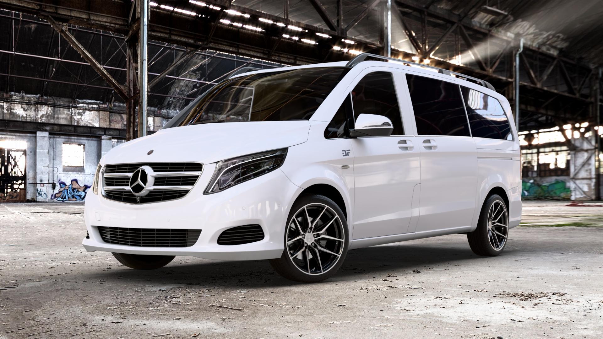 La Chanti Performance LC-P3 Black Machined Felge mit Reifen schwarz in 19Zoll Winterfelge Alufelge auf weissem Mercedes V-Klasse Typ W447 Vito Kasten Mixto Tourer Marco Polo ⬇️ mit 15mm Tieferlegung ⬇️ Old Industrial Hall_max_5300mm_2024 Frontansicht_1