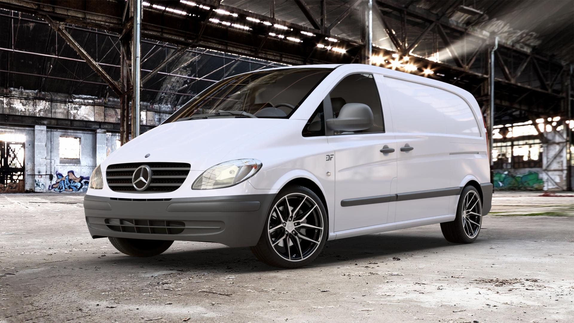 La Chanti Performance LC-P3 Black Machined Felge mit Reifen schwarz in 19Zoll Winterfelge Alufelge auf weissem Mercedes Vito Kasten Typ 639 ⬇️ mit 15mm Tieferlegung ⬇️ Old Industrial Hall_max_5300mm_2024 Frontansicht_1