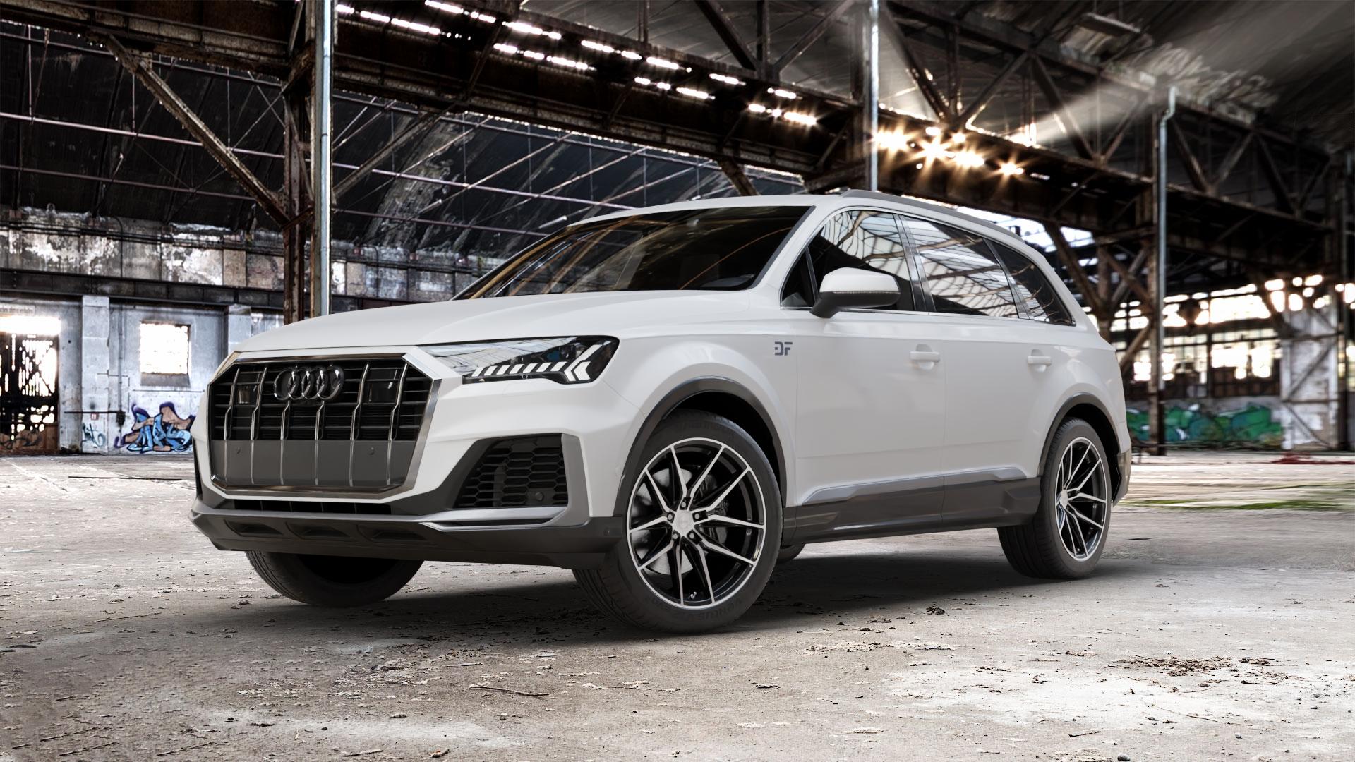 La Chanti Performance LC-P3 Black Machined Felge mit Reifen schwarz in 20Zoll Winterfelge Alufelge auf weissem Audi Q7 II Typ 4M (4L) Facelift 19-> ⬇️ mit 15mm Tieferlegung ⬇️ Old Industrial Hall_max_5300mm_2024 Frontansicht_1
