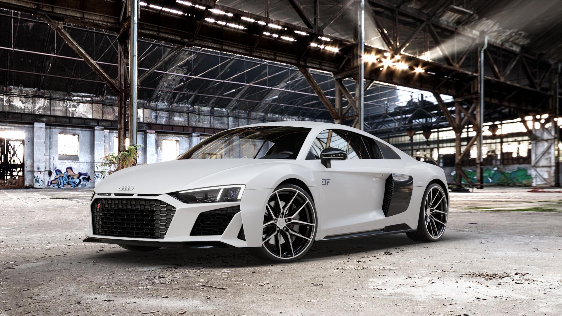 La Chanti Performance LC-P3 Black Machined Felge mit Reifen schwarz in 20Zoll Winterfelge Alufelge auf weissem Audi R8 Typ 4S Facelift 19-> ⬇️ mit 15mm Tieferlegung ⬇️ Old Industrial Hall_max_5300mm_2024 Frontansicht_1
