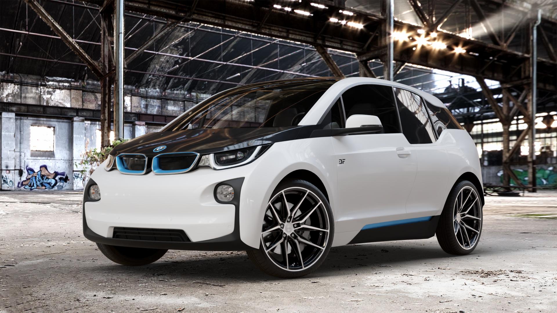 La Chanti Performance LC-P3 Black Machined Felge mit Reifen schwarz in 20Zoll Winterfelge Alufelge auf weissem BMW i3 (BMWi-1) Range Extender i3s ⬇️ mit 15mm Tieferlegung ⬇️ Old Industrial Hall_max_4400mm_2024 Frontansicht_1