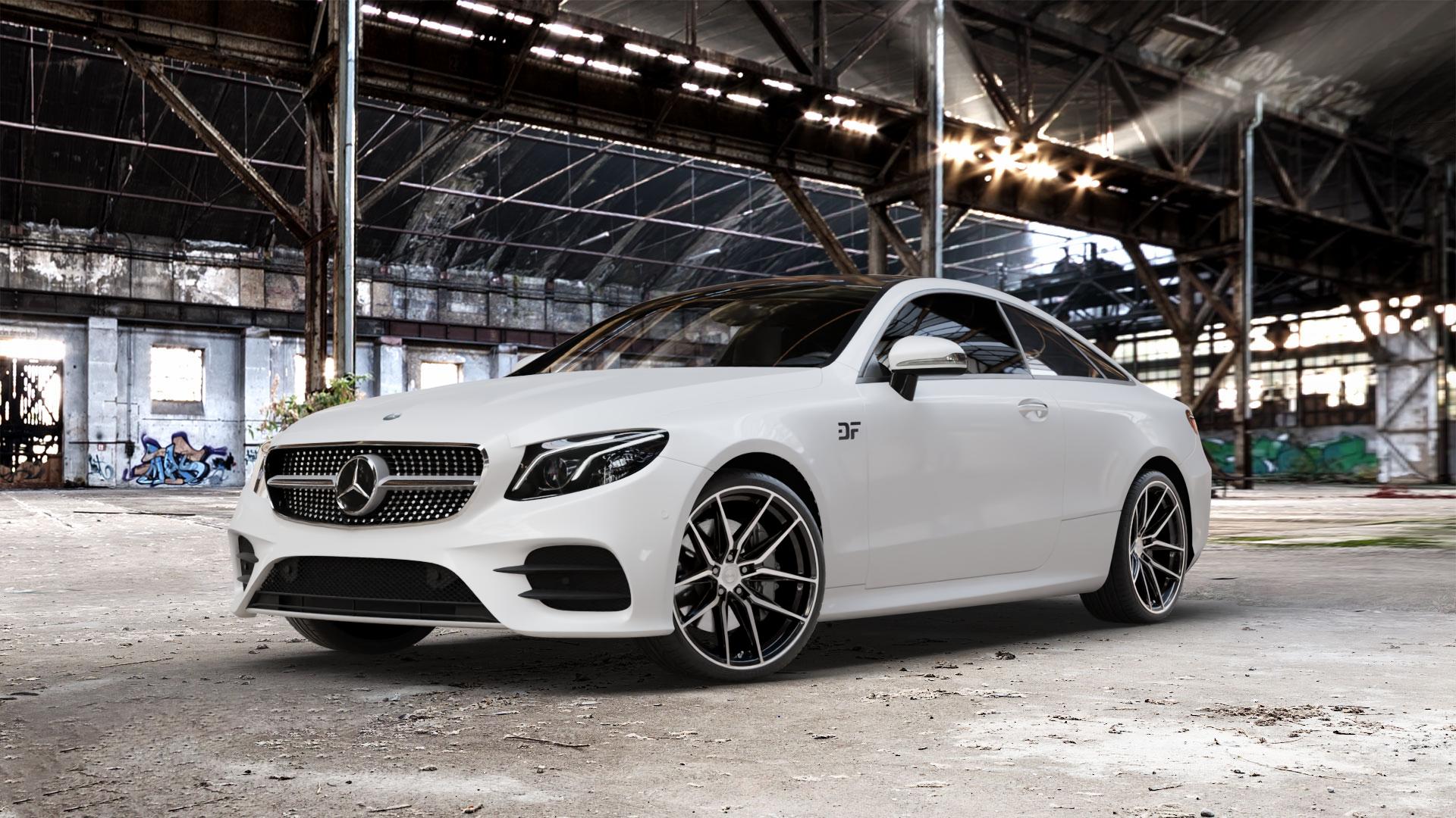 La Chanti Performance LC-P3 Black Machined Felge mit Reifen schwarz in 20Zoll Winterfelge Alufelge auf weissem Mercedes E-Klasse Typ C238 Coupe (R1EC) ⬇️ mit 15mm Tieferlegung ⬇️ Old Industrial Hall_max_5300mm_2024 Frontansicht_1