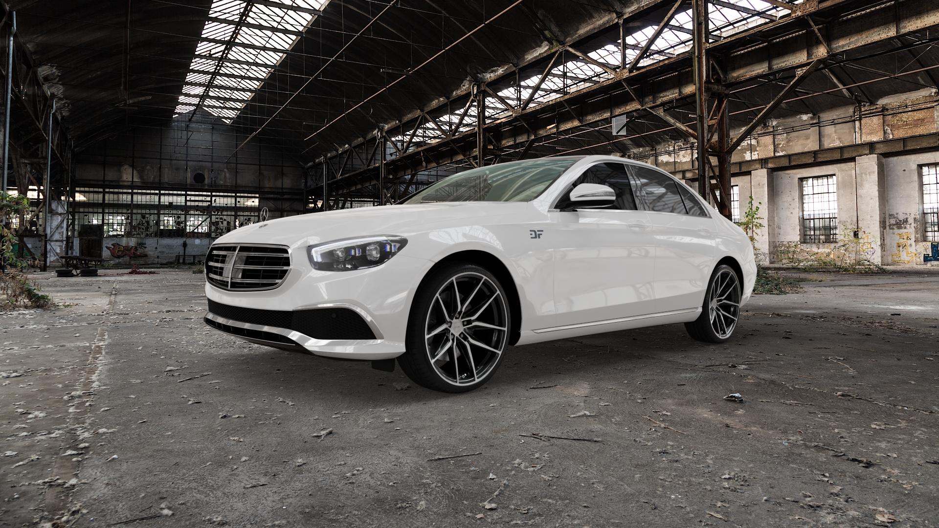 La Chanti Performance LC-P3 Black Machined Felge mit Reifen schwarz in 20Zoll Winterfelge Alufelge auf weissem Mercedes E-Klasse Typ W213 Limousine Facelift ⬇️ mit 15mm Tieferlegung ⬇️ Old Industrial Hall_max5000mm_2022 Frontansicht_1