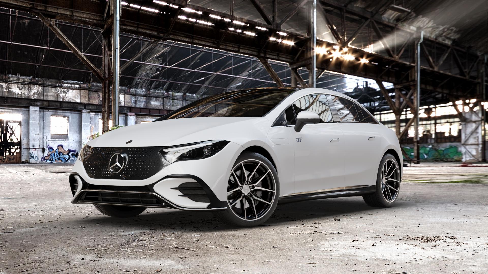 La Chanti Performance LC-P3 Black Machined Felge mit Reifen schwarz in 20Zoll Winterfelge Alufelge auf weissem Mercedes EQE Typ E2EQEW ⬇️ mit 15mm Tieferlegung ⬇️ Old Industrial Hall_max_5300mm_2024 Frontansicht_1