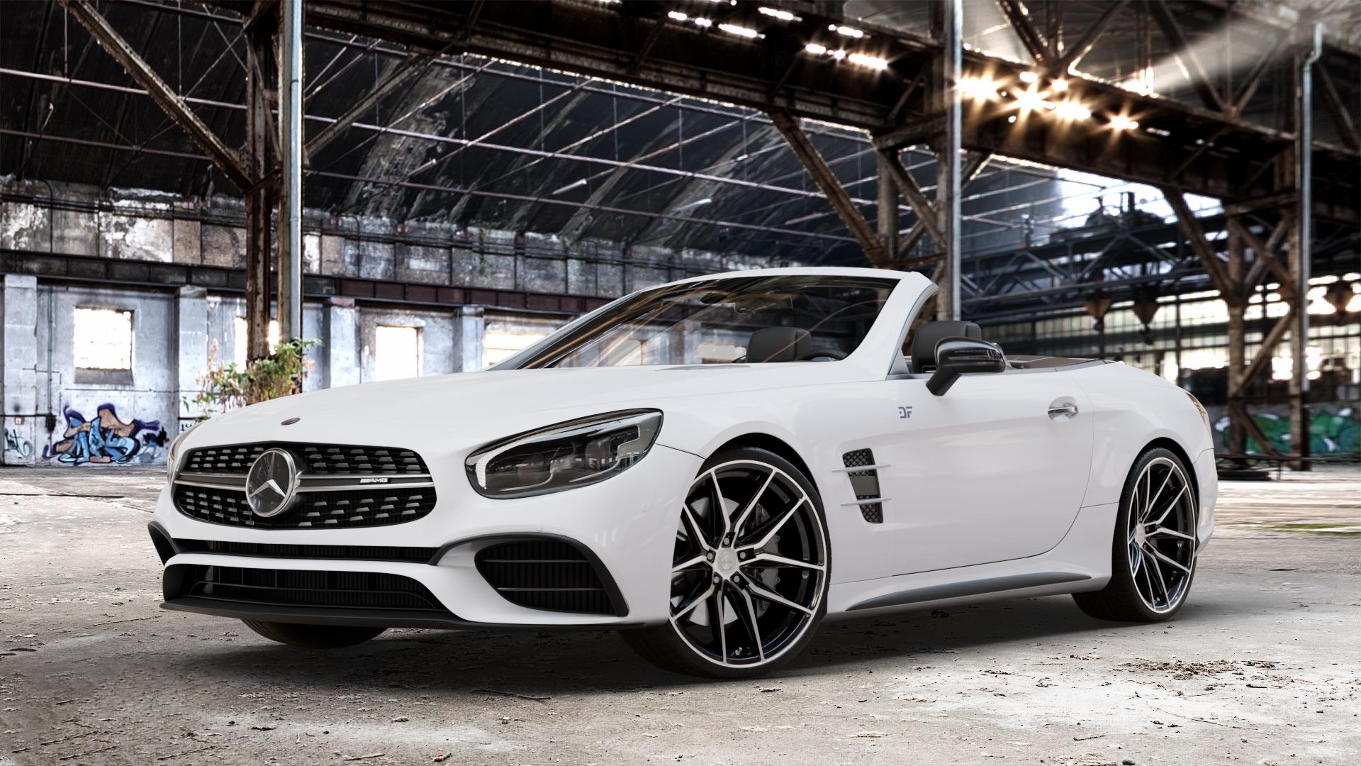 La Chanti Performance LC-P3 Black Machined Felge mit Reifen schwarz in 20Zoll Winterfelge Alufelge auf weissem Mercedes SL Typ R231 Facelift 5,5l 63 AMG 430kW (585 PS) 6,0l 65 463kW (630 420kW (571 ⬇️ mit 15mm Tieferlegung ⬇️ Old Industrial Hall_max_4400mm_2024 Frontansicht_1