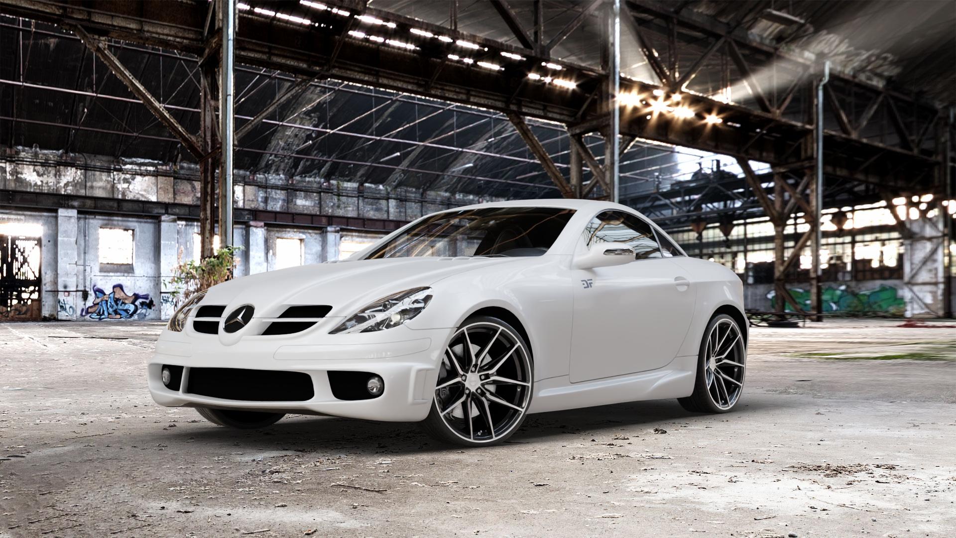 La Chanti Performance LC-P3 Black Machined Felge mit Reifen schwarz in 20Zoll Winterfelge Alufelge auf weissem Mercedes SLK Typ R171 ⬇️ mit 15mm Tieferlegung ⬇️ Old Industrial Hall_max_5300mm_2024 Frontansicht_1