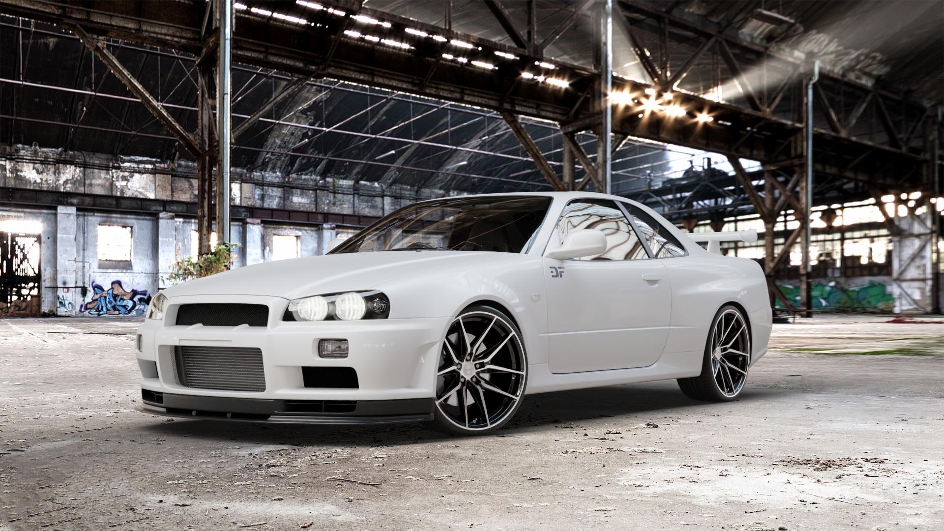 La Chanti Performance LC-P3 Black Machined Felge mit Reifen schwarz in 20Zoll Winterfelge Alufelge auf weissem Nissan Skyline R34 ⬇️ mit 15mm Tieferlegung ⬇️ Old Industrial Hall_max_5300mm_2024 Frontansicht_1