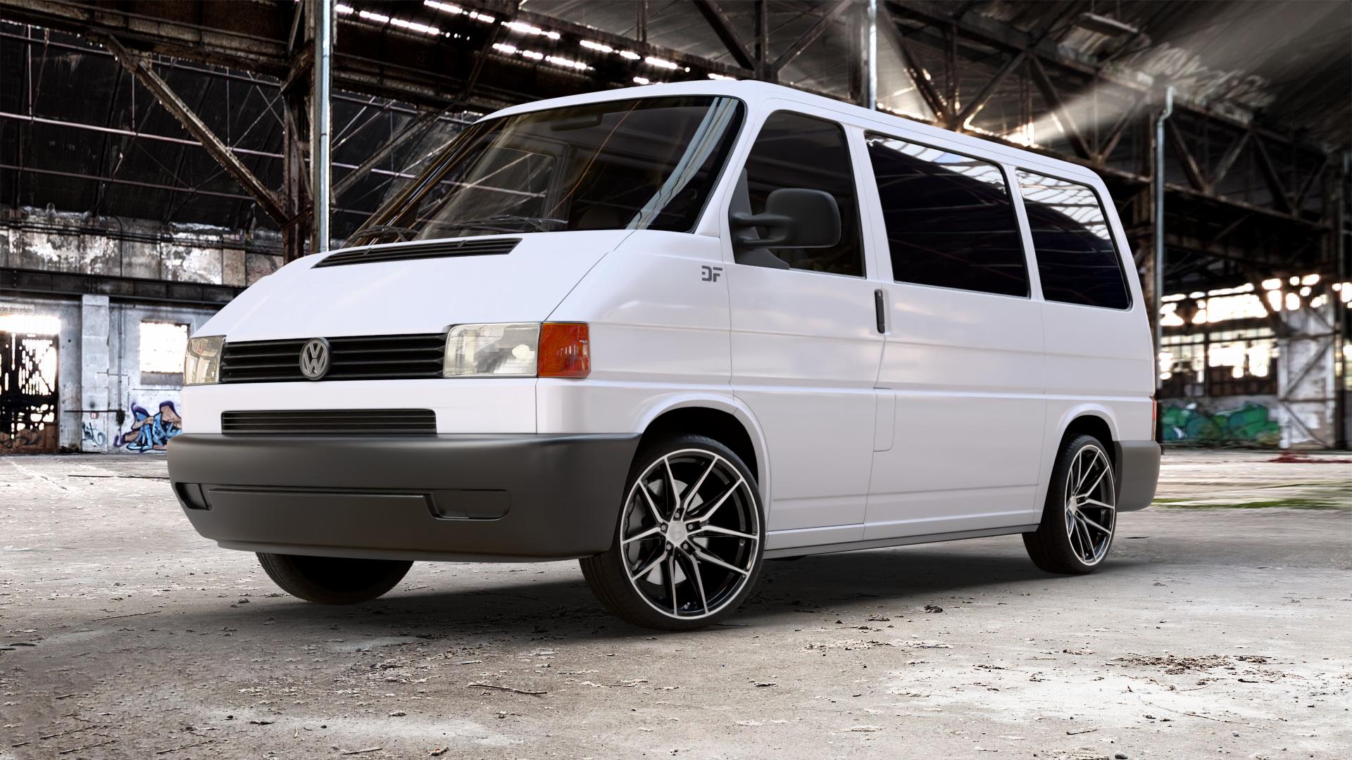 La Chanti Performance LC-P3 Black Machined Felge mit Reifen schwarz in 20Zoll Winterfelge Alufelge auf weissem Volkswagen (VW) T4 California Caravelle Kleinbus Multivan Krankenwagen ⬇️ mit 15mm Tieferlegung ⬇️ Old Industrial Hall_max_5300mm_2024 Frontansicht_1