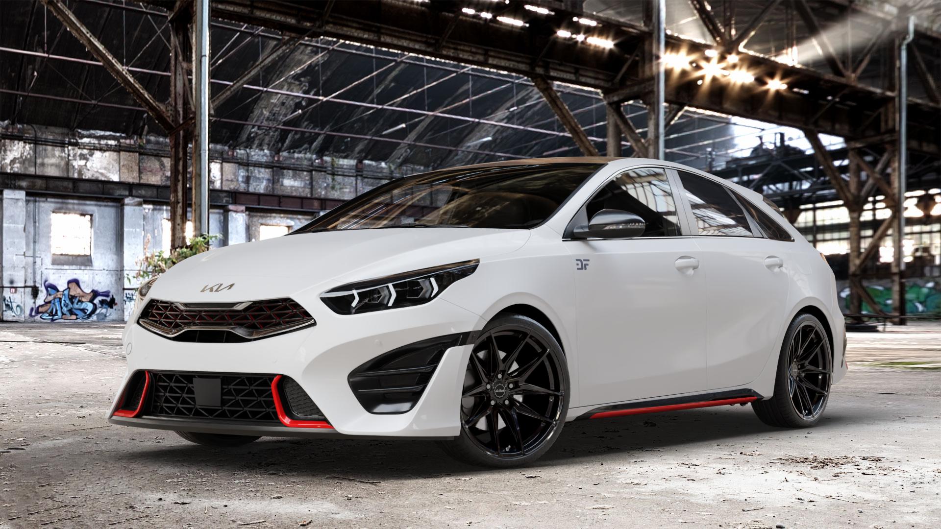 La Chanti Performance LC-P3 Glossy Black Felge mit Reifen schwarz in 19Zoll Winterfelge Alufelge auf weissem Kia ProCeed Typ CD Facelift Pro Cee d ⬇️ mit 15mm Tieferlegung ⬇️ Old Industrial Hall_max_4400mm_2024 Frontansicht_1