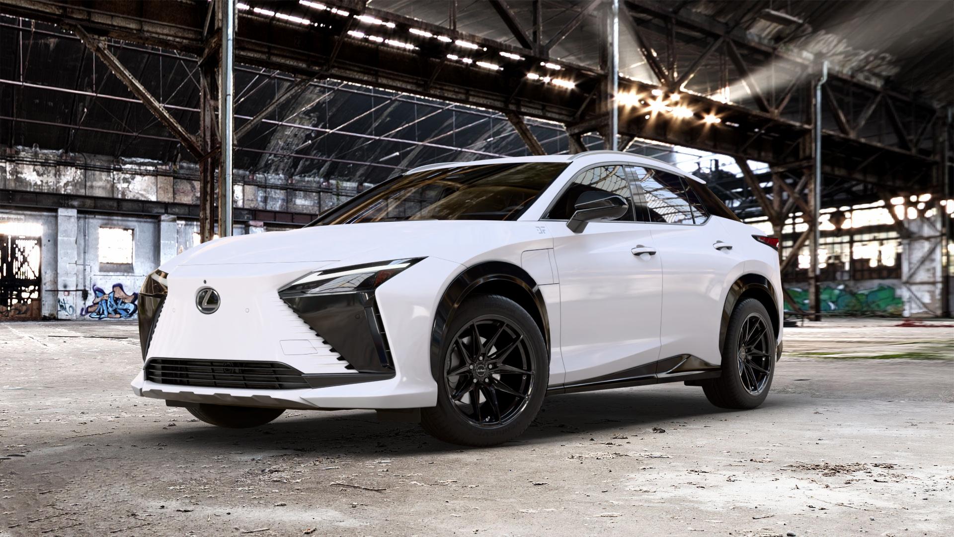 La Chanti Performance LC-P3 Glossy Black Felge mit Reifen schwarz in 19Zoll Winterfelge Alufelge auf weissem Lexus RZ Typ EBM1(M) ⬇️ mit 15mm Tieferlegung ⬇️ Old Industrial Hall_max_5300mm_2024 Frontansicht_1