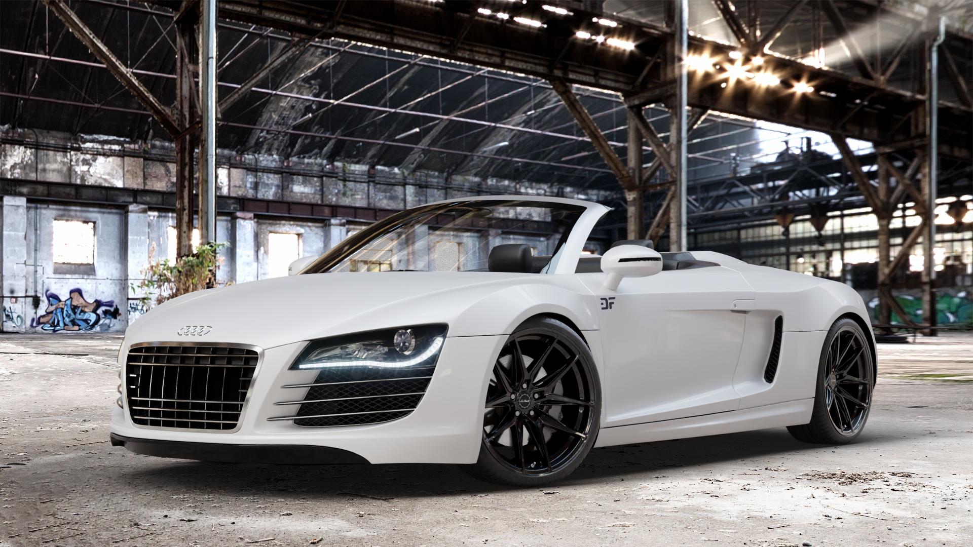 La Chanti Performance LC-P3 Glossy Black Felge mit Reifen schwarz in 20Zoll Winterfelge Alufelge auf weissem Audi R8 Spyder Typ 42 Facelift 12-> ⬇️ mit 15mm Tieferlegung ⬇️ Old Industrial Hall_max_4400mm_2024 Frontansicht_1