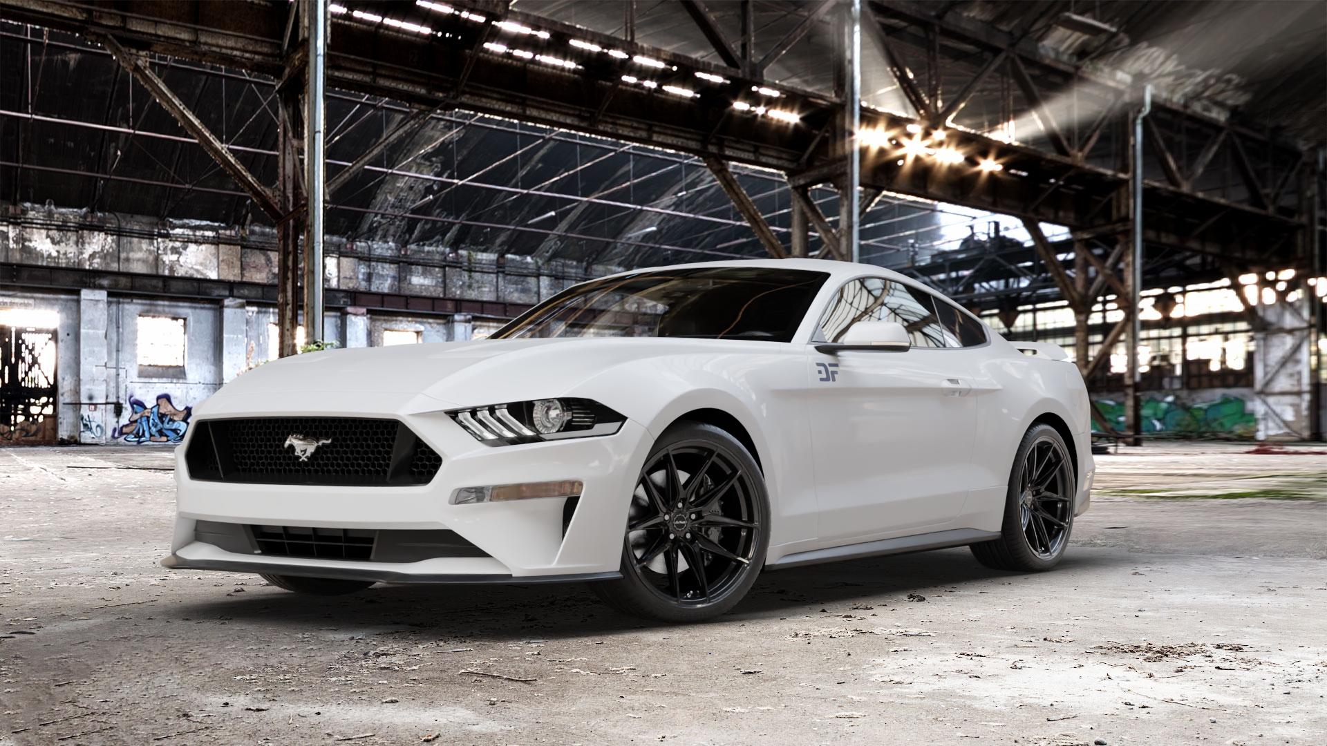 La Chanti Performance LC-P3 Glossy Black Felge mit Reifen schwarz in 20Zoll Winterfelge Alufelge auf weissem Ford Mustang VI Coupe Typ LAE Facelift ⬇️ mit 15mm Tieferlegung ⬇️ Old Industrial Hall_max_5300mm_2024 Frontansicht_1