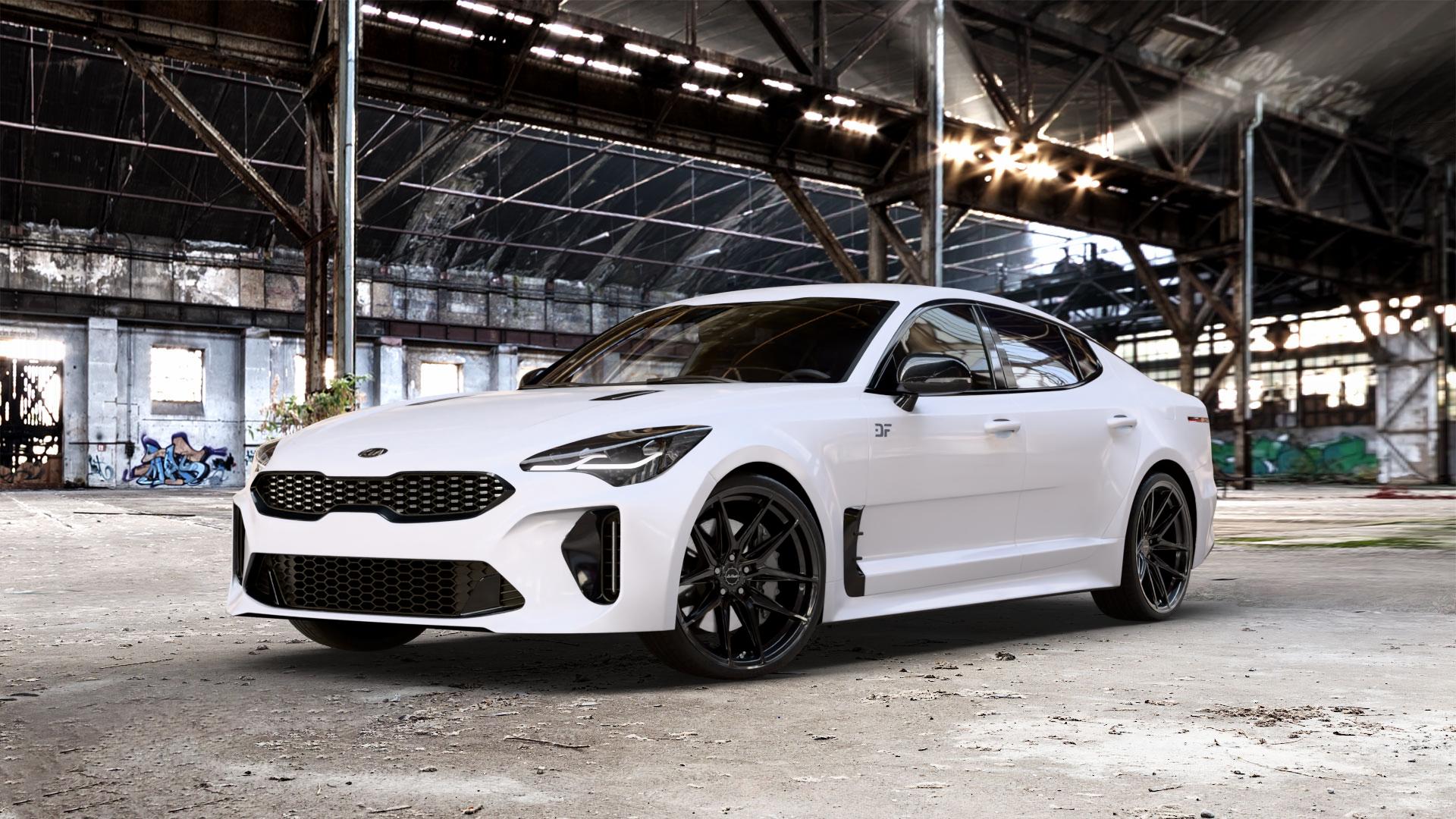 La Chanti Performance LC-P3 Glossy Black Felge mit Reifen schwarz in 20Zoll Winterfelge Alufelge auf weissem Kia Stinger Typ CK ⬇️ mit 15mm Tieferlegung ⬇️ Old Industrial Hall_max_5300mm_2024 Frontansicht_1