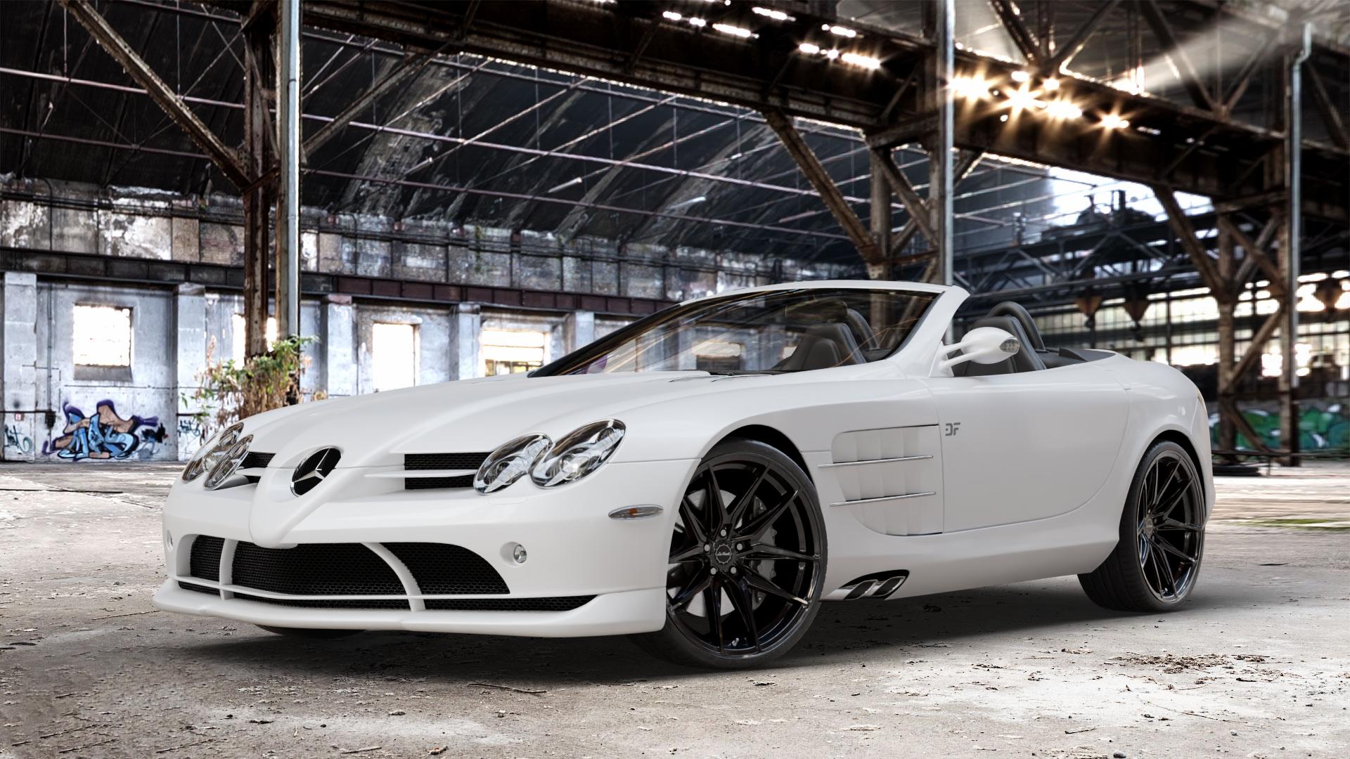 La Chanti Performance LC-P3 Glossy Black Felge mit Reifen schwarz in 20Zoll Winterfelge Alufelge auf weissem Mercedes SLR Typ R199 Roadster ⬇️ mit 15mm Tieferlegung ⬇️ Old Industrial Hall_max_4400mm_2024 Frontansicht_1