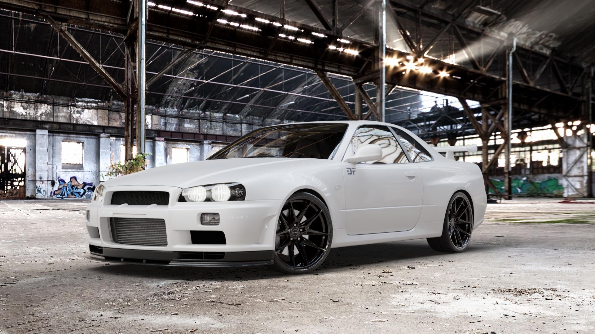La Chanti Performance LC-P3 Glossy Black Felge mit Reifen schwarz in 20Zoll Winterfelge Alufelge auf weissem Nissan Skyline R34 ⬇️ mit 15mm Tieferlegung ⬇️ Old Industrial Hall_max_5300mm_2024 Frontansicht_1