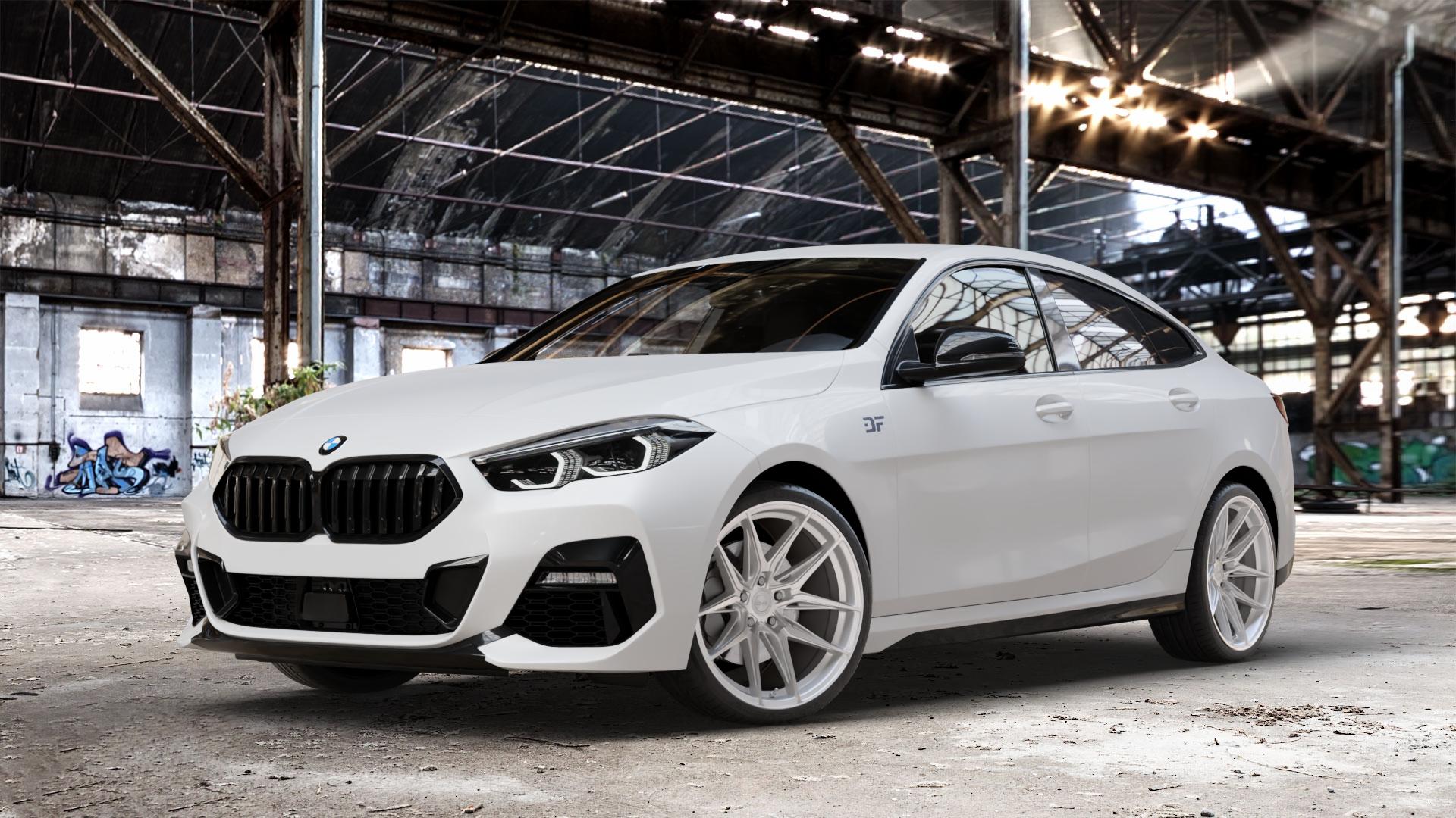 La Chanti Performance LC-P3 Machined Silver Felge mit Reifen silber in 19Zoll Winterfelge Alufelge auf weissem BMW 216d Typ F44 (Gran Coupe) 218i 220d 2 M235i xDrive 218d 220i 2er Gran Coupe (F2GC) ⬇️ mit 15mm Tieferlegung ⬇️ Old Industrial Hall_max_4400mm_2024 Frontansicht_1
