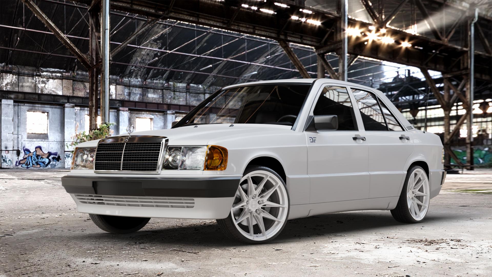 La Chanti Performance LC-P3 Machined Silver Felge mit Reifen silber in 19Zoll Winterfelge Alufelge auf weissem Mercedes 190 Typ W201 190er ⬇️ mit 15mm Tieferlegung ⬇️ Old Industrial Hall_max_4400mm_2024 Frontansicht_1