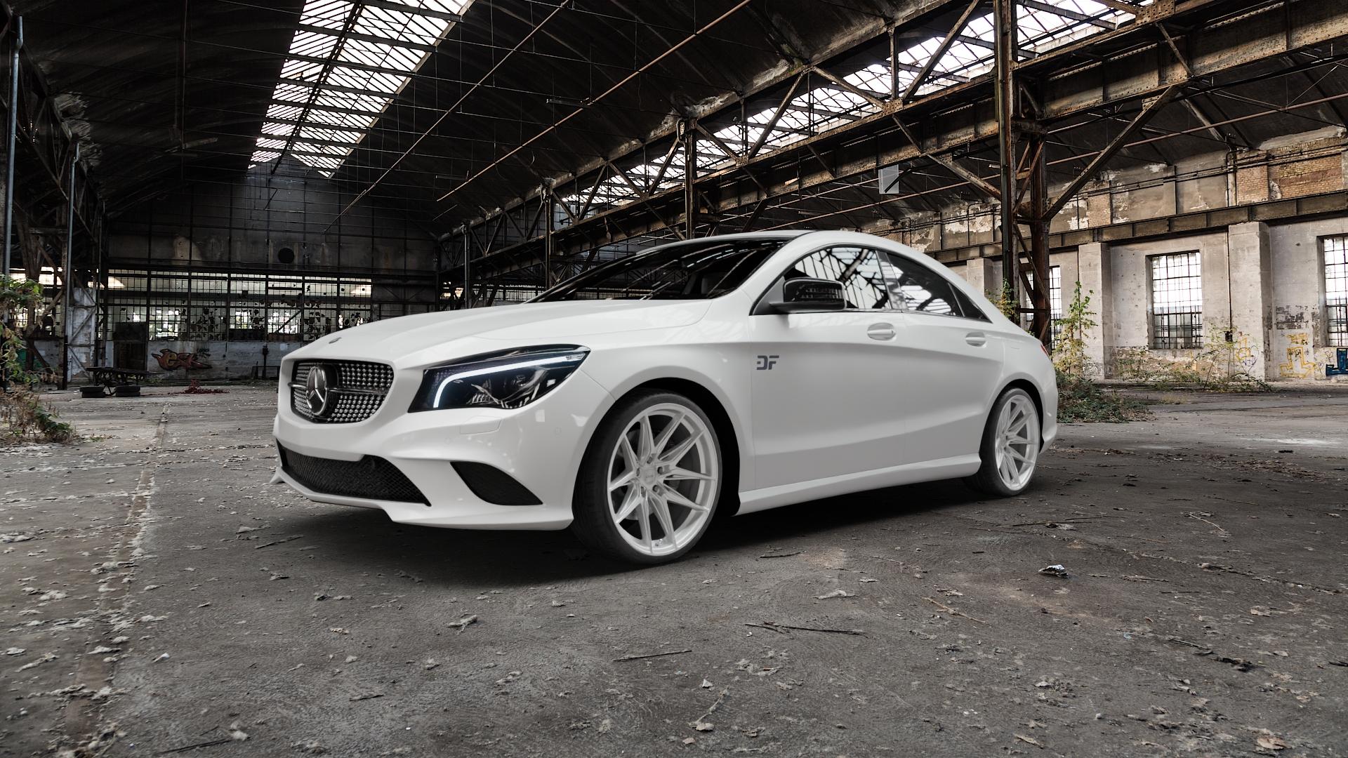 La Chanti Performance LC-P3 Machined Silver Felge mit Reifen silber in 19Zoll Winterfelge Alufelge auf weissem Mercedes CLA-Klasse I Typ C117 245G ⬇️ mit 15mm Tieferlegung ⬇️ Old Industrial Hall_max5000mm_2022 Frontansicht_1
